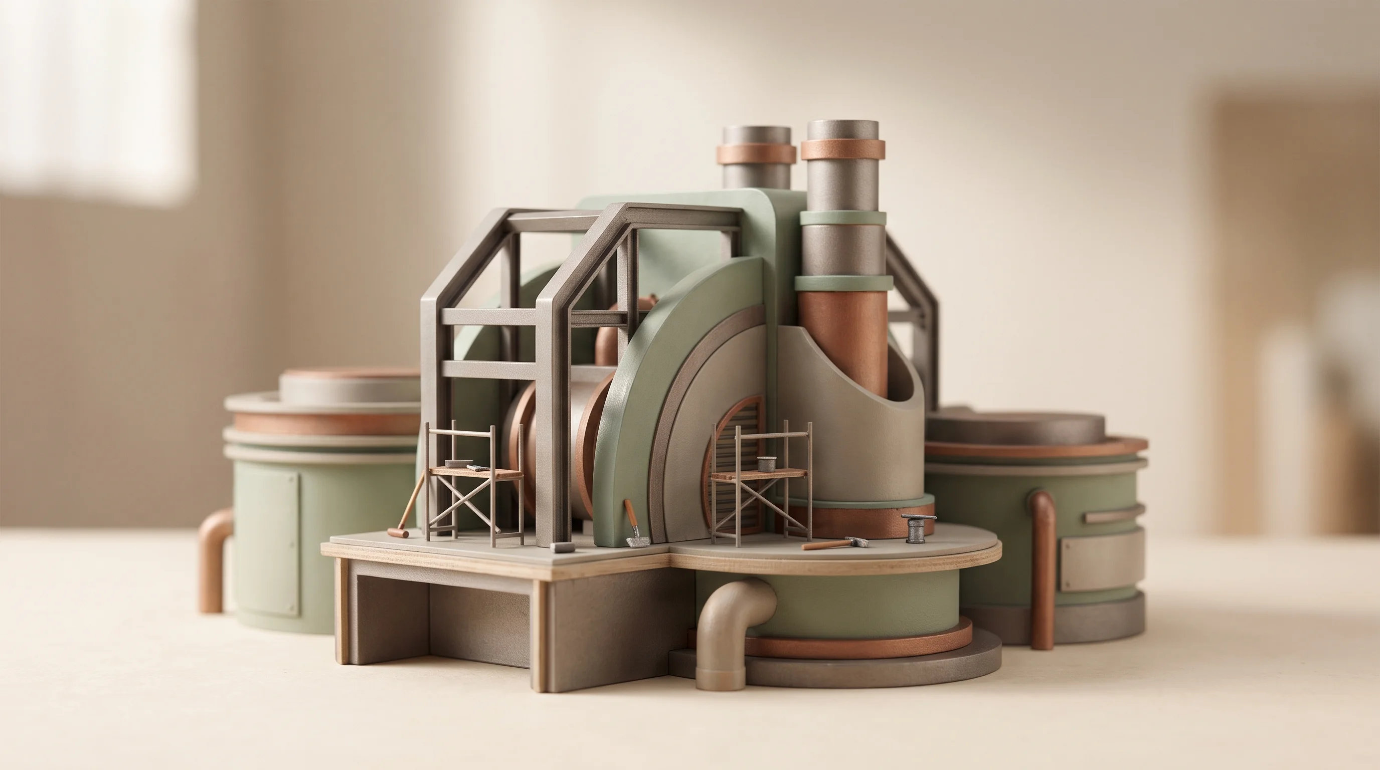 Digital illustration for article section "Michelin's Industrial Anchor" in "Syntetica Raises $30M to Turn Textile Waste Into Virgin-Quality Nylon" - A minimalist, conceptual representation of a new commercial demonstration plant under construction, ...