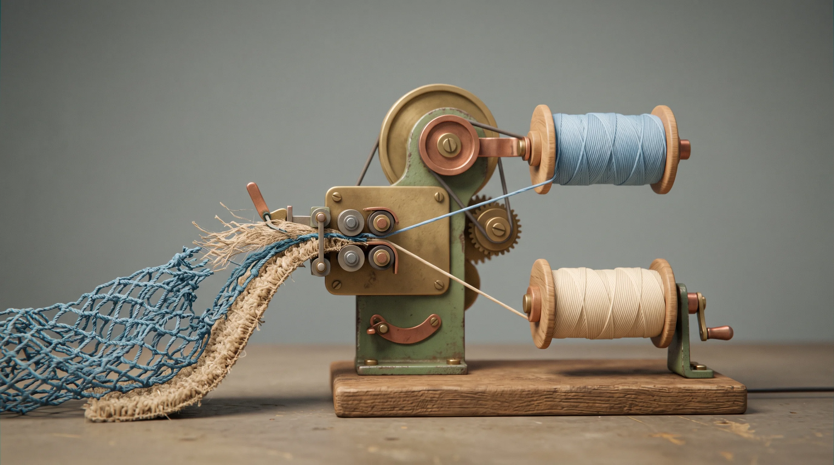 Digital illustration for article section "A Crowded Field, Still Early Days" in "Syntetica Raises $30M to Turn Textile Waste Into Virgin-Quality Nylon" - A minimal, conceptual 3D rendering of a small, retro-futuristic mechanical device gently pulling apa...