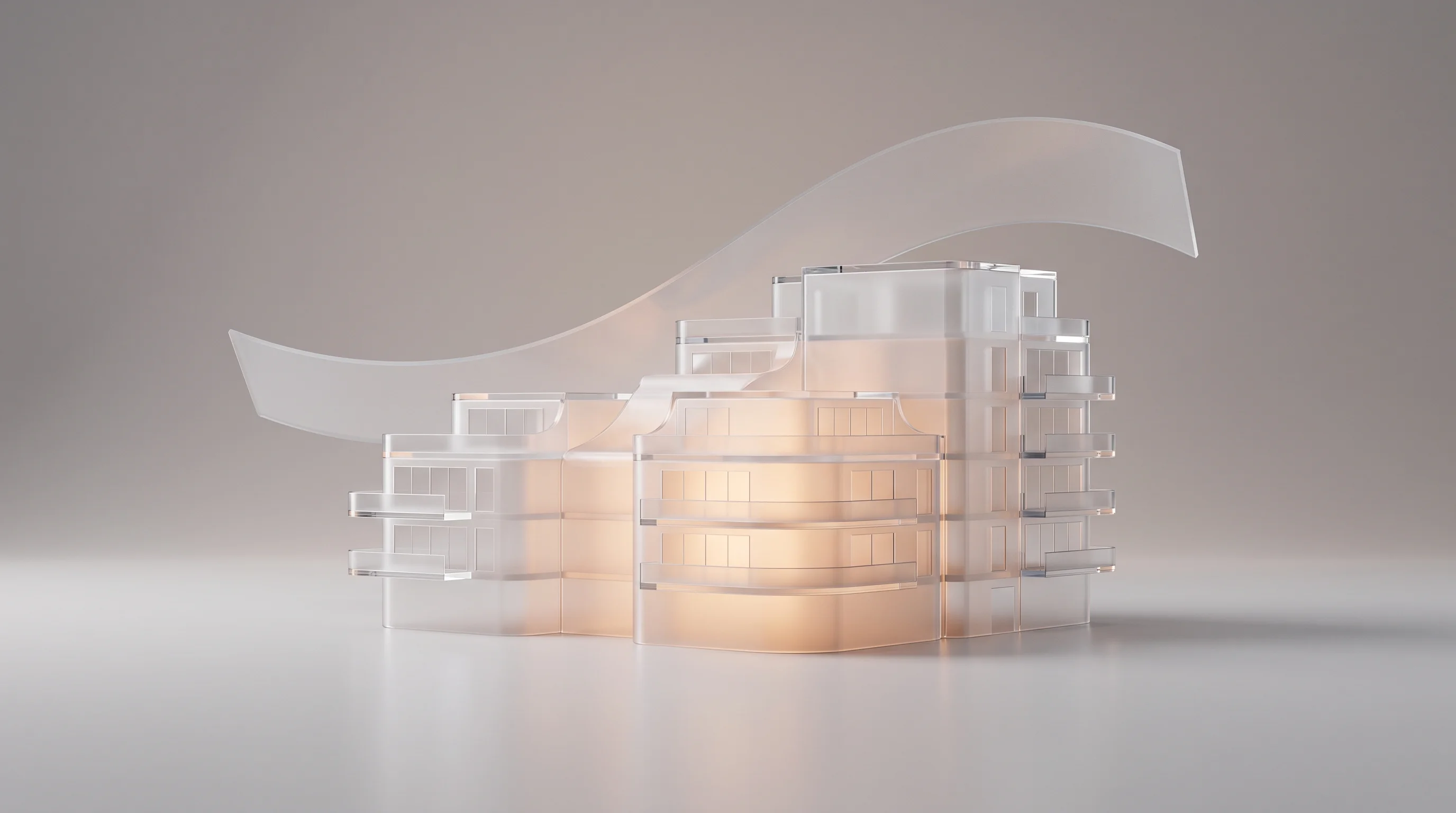 Digital illustration for article section "The compliance tailwind" in "Switchee Targets 1M Homes After $6.4M Social Housing Round" - A conceptual, minimalist architectural model of a modern residential housing block resting on a smoo...