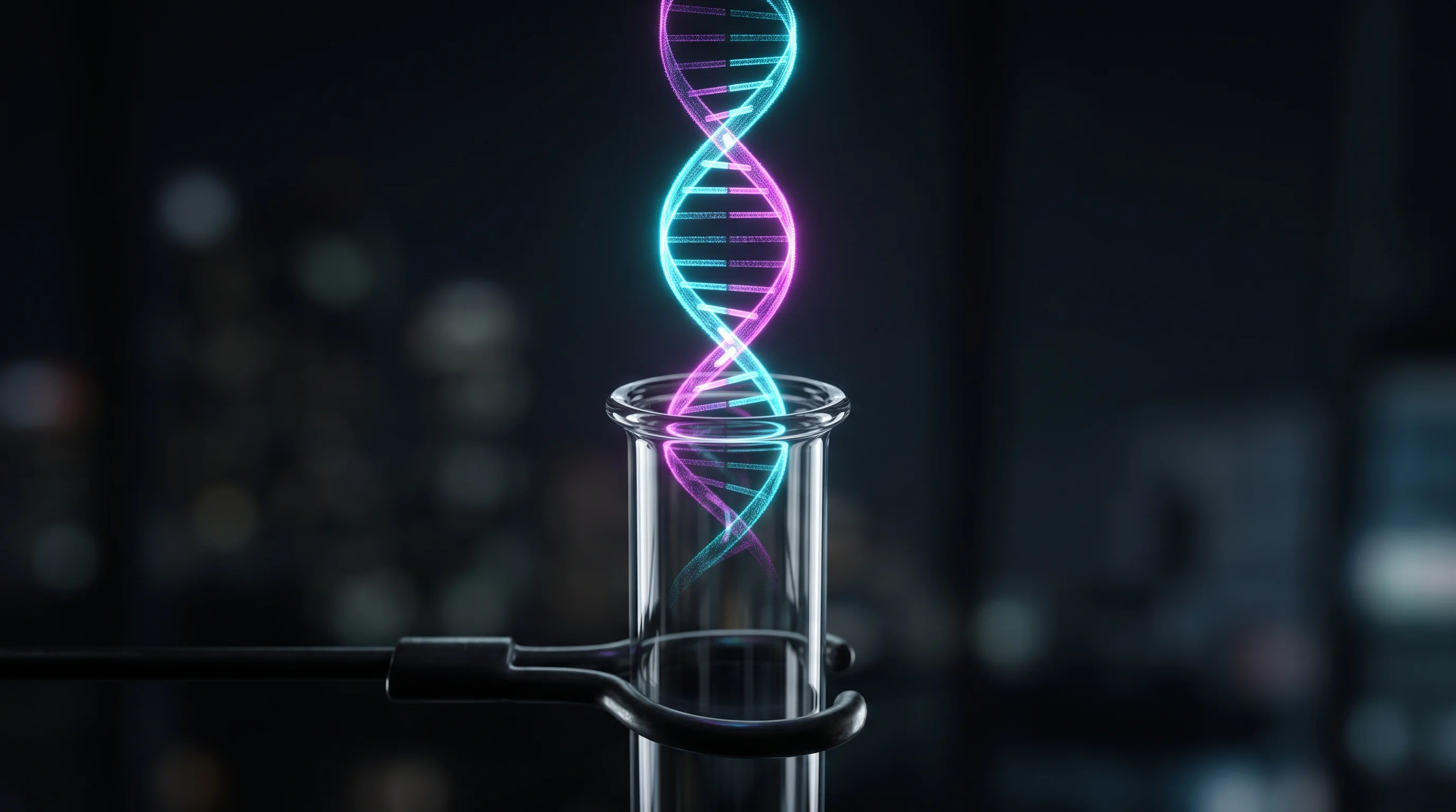 Digital illustration for article section "Why Now, Exactly?" in "OpenAI Researcher Miles Wang Raises $200M for AI Drug Startup at $2B Valuation" - A sleek, minimalist laboratory test tube with an abstract, elegant DNA double helix glowing and emer...