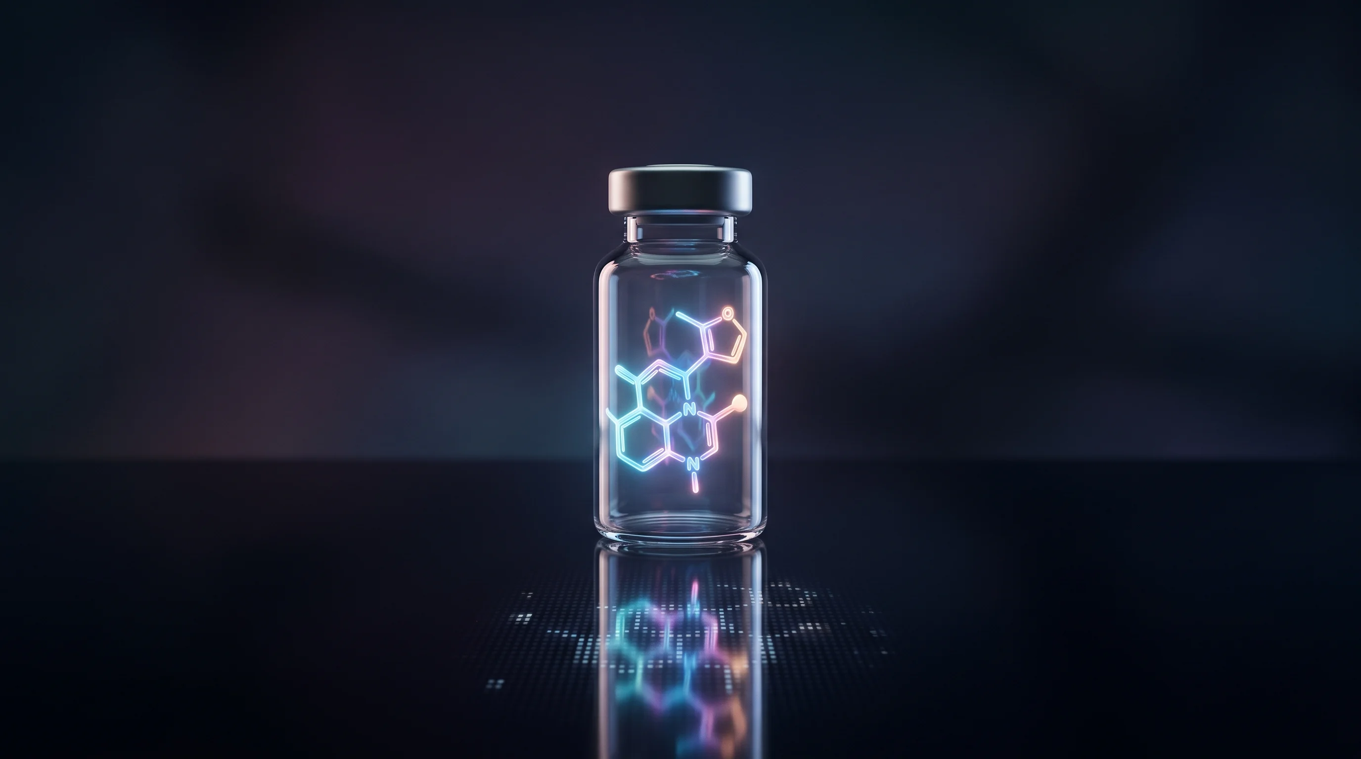 Digital illustration for article section "What Comes Next, Maybe" in "OpenAI Researcher Miles Wang Raises $200M for AI Drug Startup at $2B Valuation" - A minimalist, modern pharmaceutical glass vial resting centrally on a sleek, dark reflective surface...
