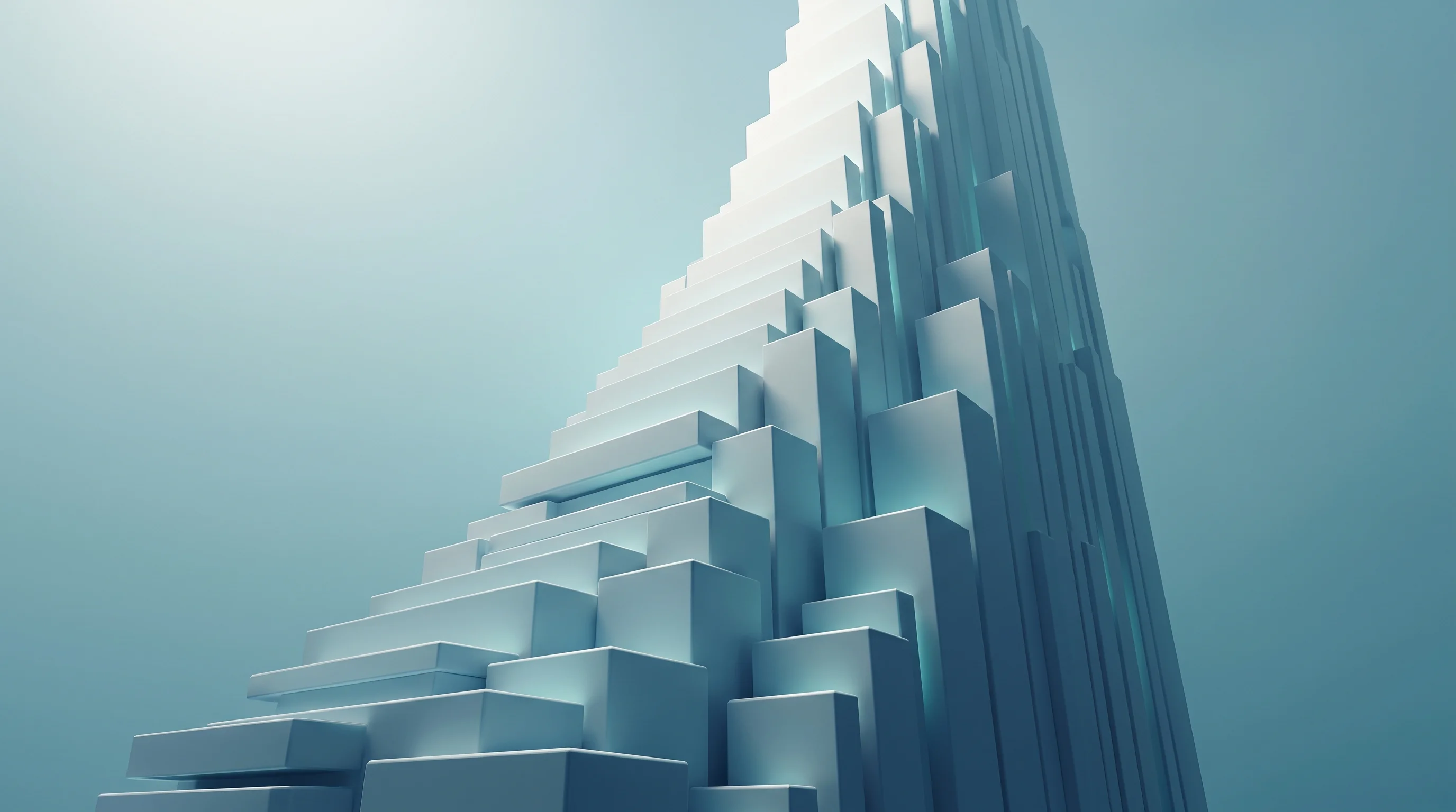 Digital illustration for article section "The Volume Crisis" in "Pulse Security Raises $8M to Build 'Agentic Workforce' for CISOs" - A towering, dramatically rising structure of clean, geometric blocks representing an overwhelming su...