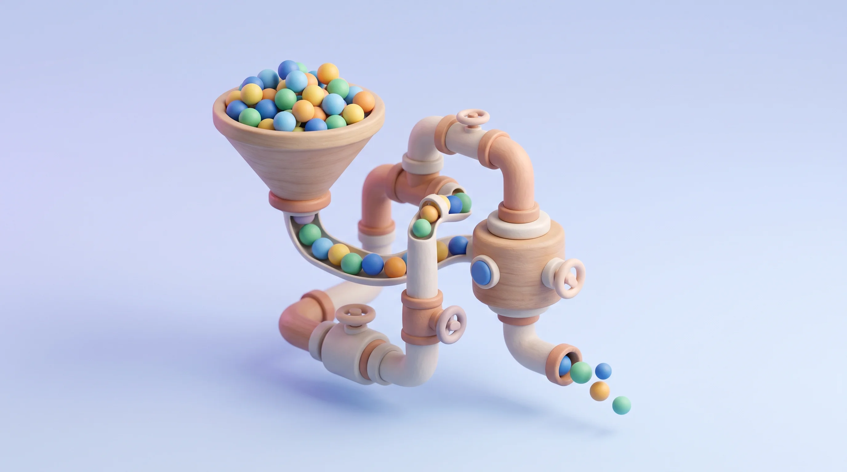 Digital illustration for article section "Pipeline Wars Get Crowded" in "MyDecisive Raises $12M Seed to Slash Observability Costs 90%" - A clean, minimal, and conceptual 3D illustration representing data pipeline optimization and market ...