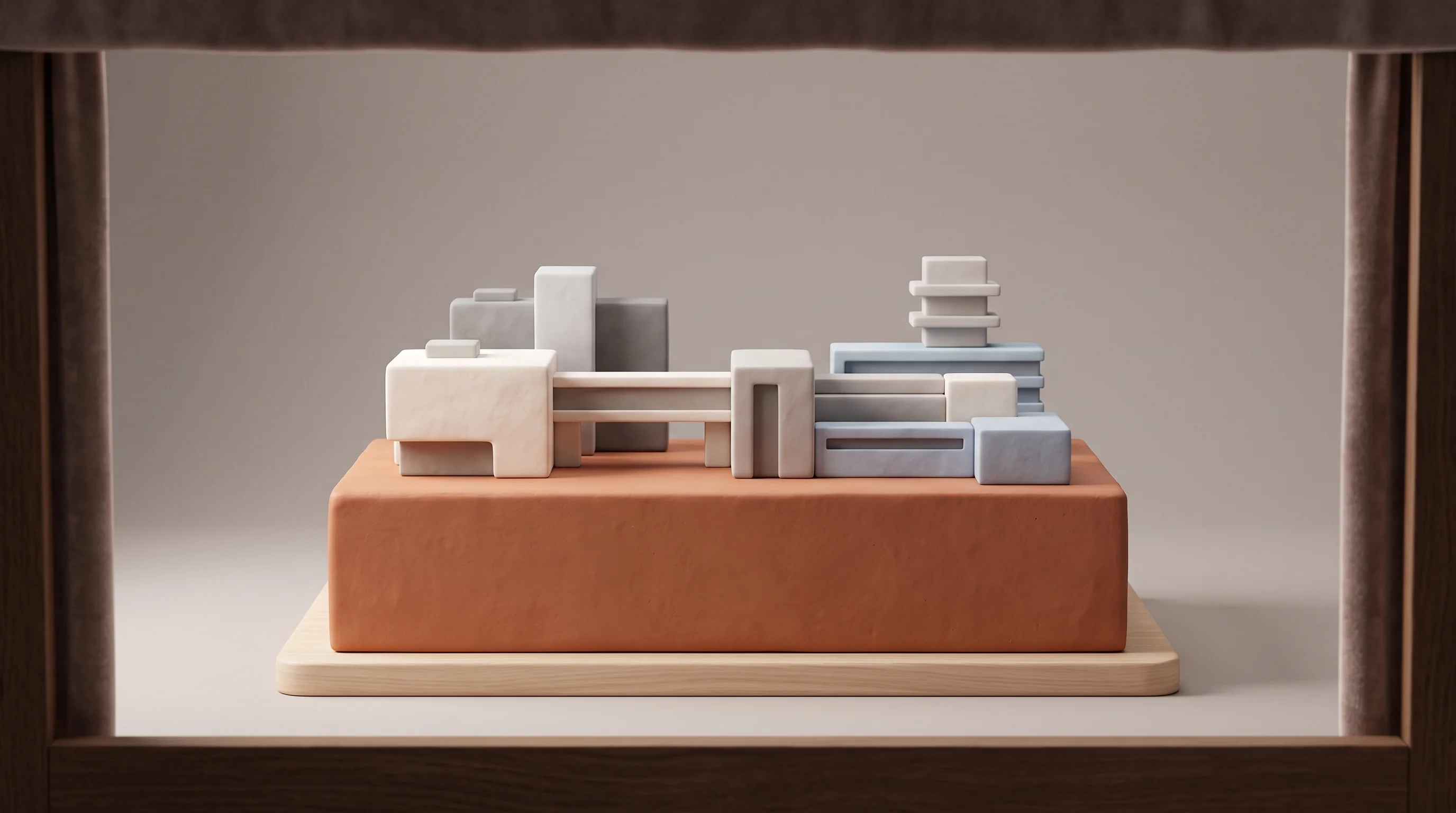 Digital illustration for article section "The Terracotta Pedigree" in "MyDecisive Raises $12M Seed to Slash Observability Costs 90%" - A conceptual miniature architectural model representing solid enterprise data infrastructure, featur...
