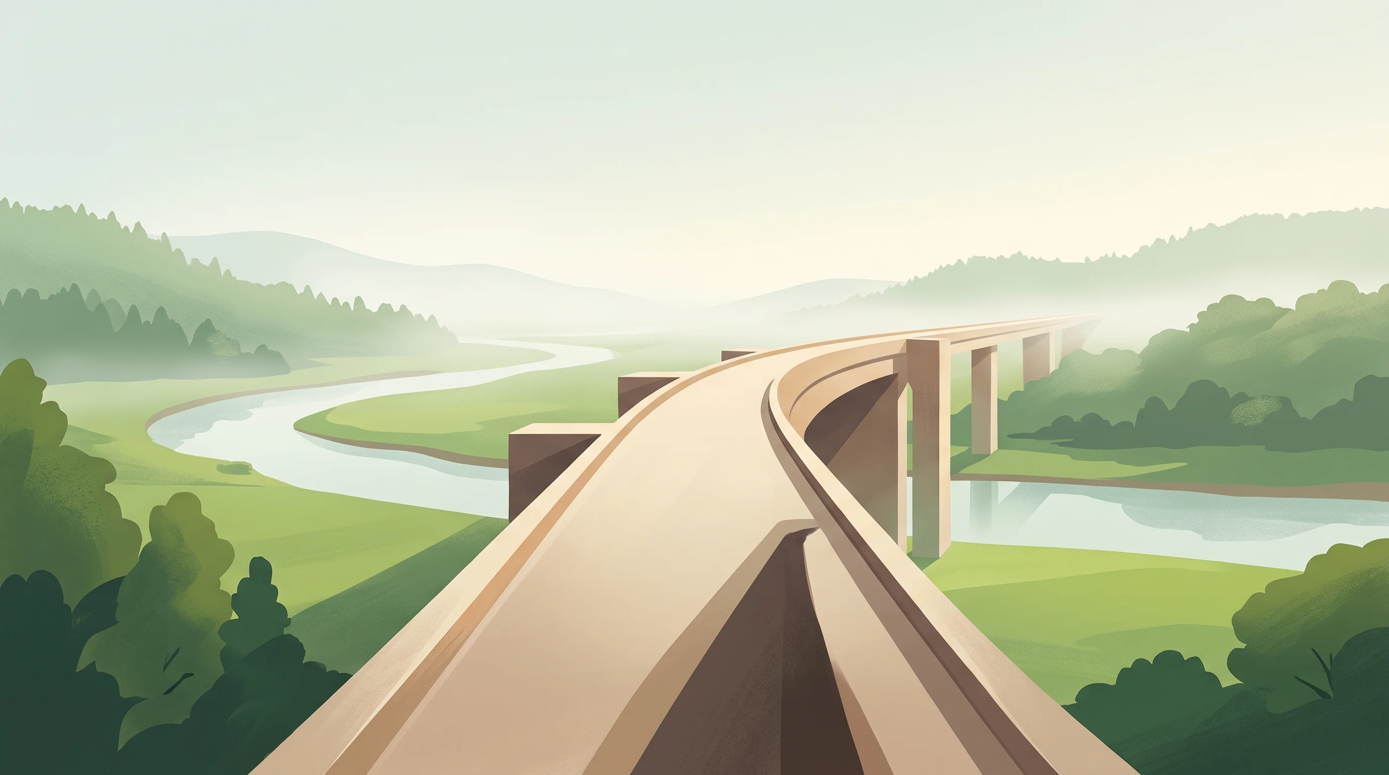 Digital illustration for article section "Infrastructure Before Demand" in "Orthogonal Raises $4.3M to Build Payment Rails for AI Agents" - A serene, minimalist illustration of an elegant, partially completed architectural bridge seamlessly...