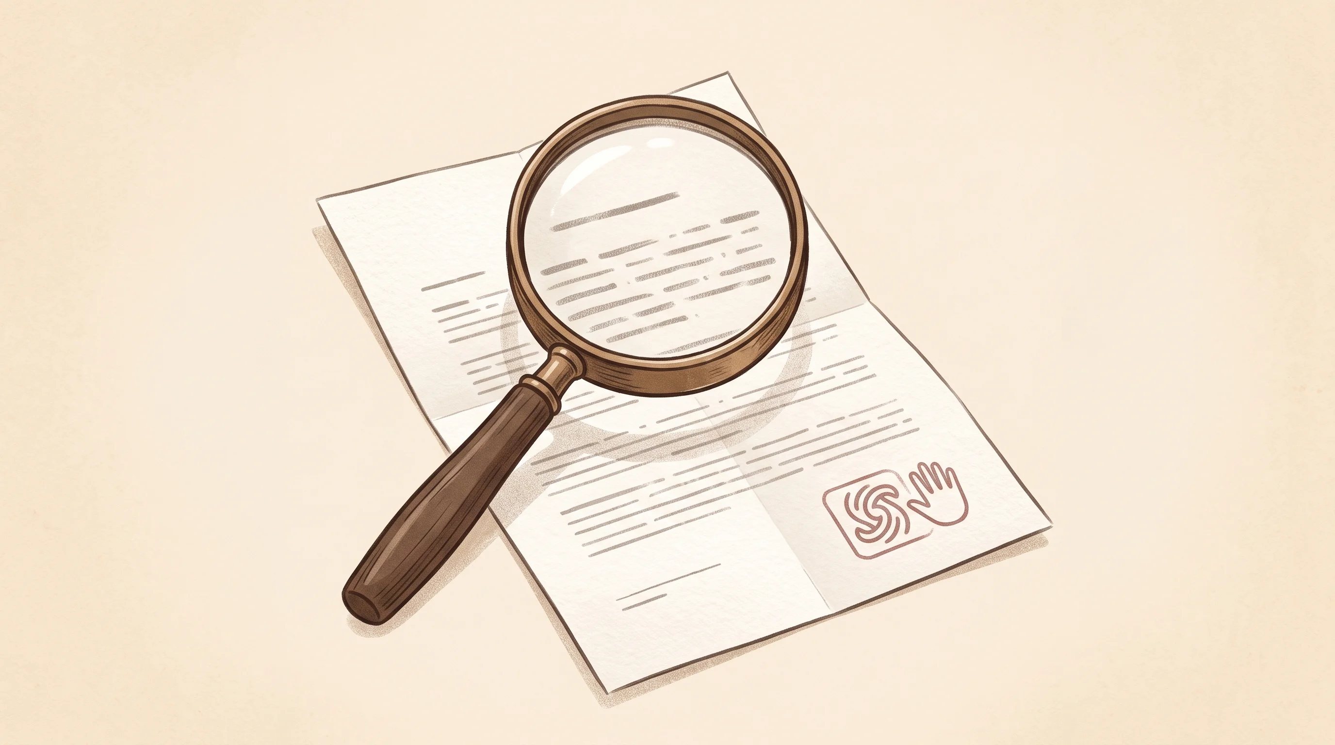 Digital illustration for article section "The Fine Print" in "YC's Assemble Launches AI Agents to Automate Enterprise IT Development" - A clean, minimalist conceptual illustration featuring a single large magnifying glass hovering over ...