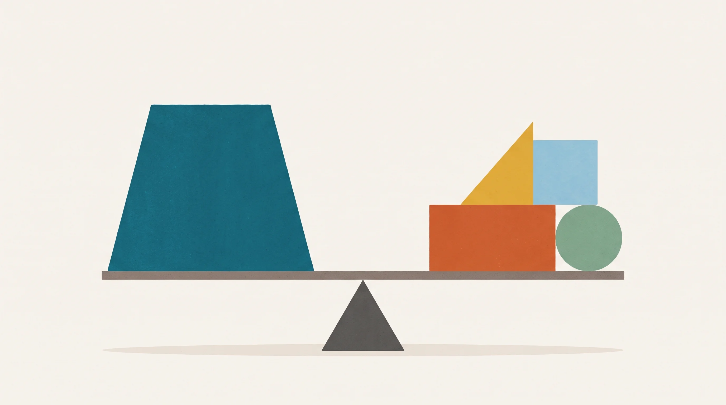 Digital illustration for article section "A Western Counterweight" in "Thinking Machines Releases Inkling: $12B Startup's First AI Model" - A minimalist flat design illustration of a sleek, modern balancing fulcrum supporting abstract geome...