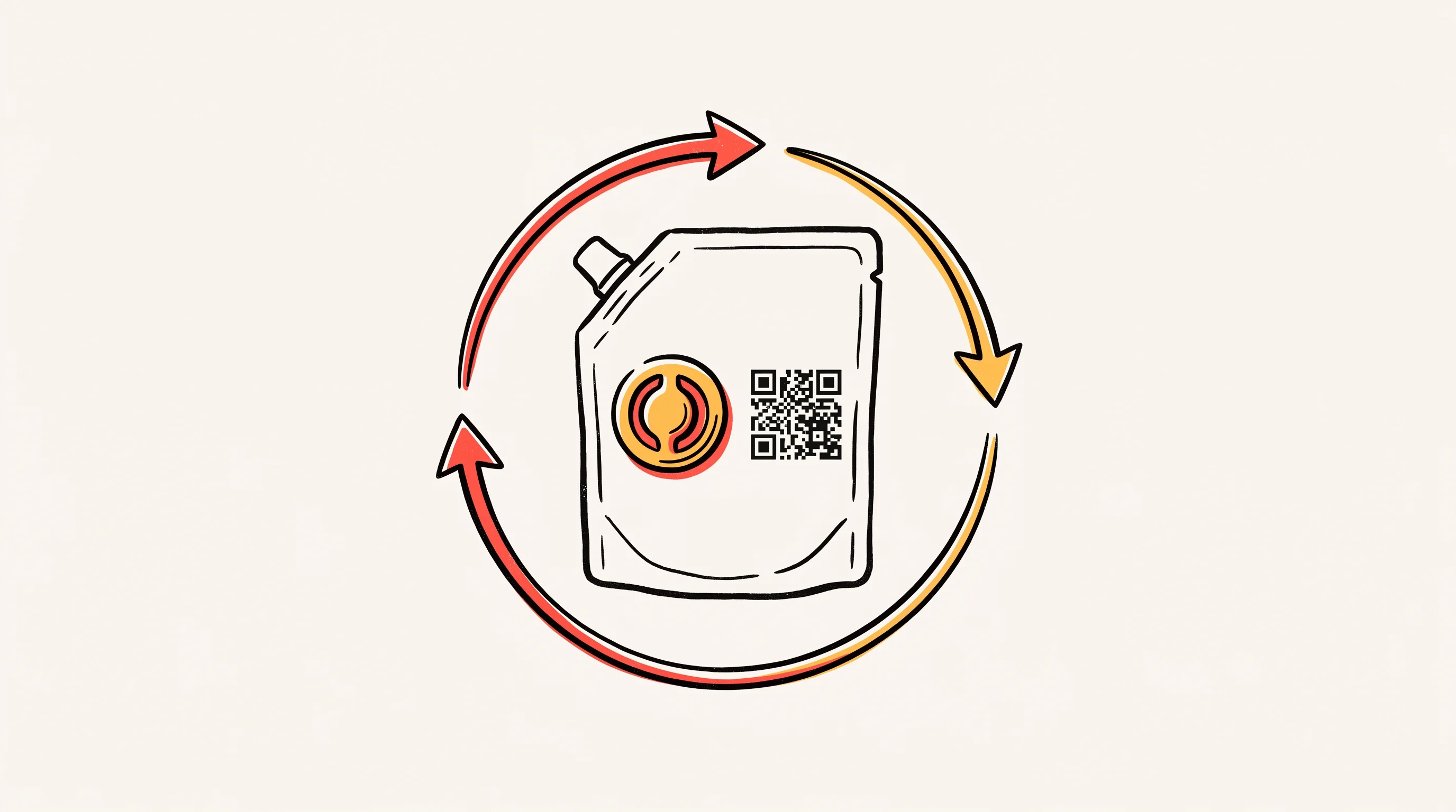 Digital illustration for article section "The BowerPack Model" in "Bower Collective's £6.6M Journey: Building Circular Packaging at Scale" - A minimalist, modern illustration of a flexible cleaning product pouch positioned centrally, featuri...