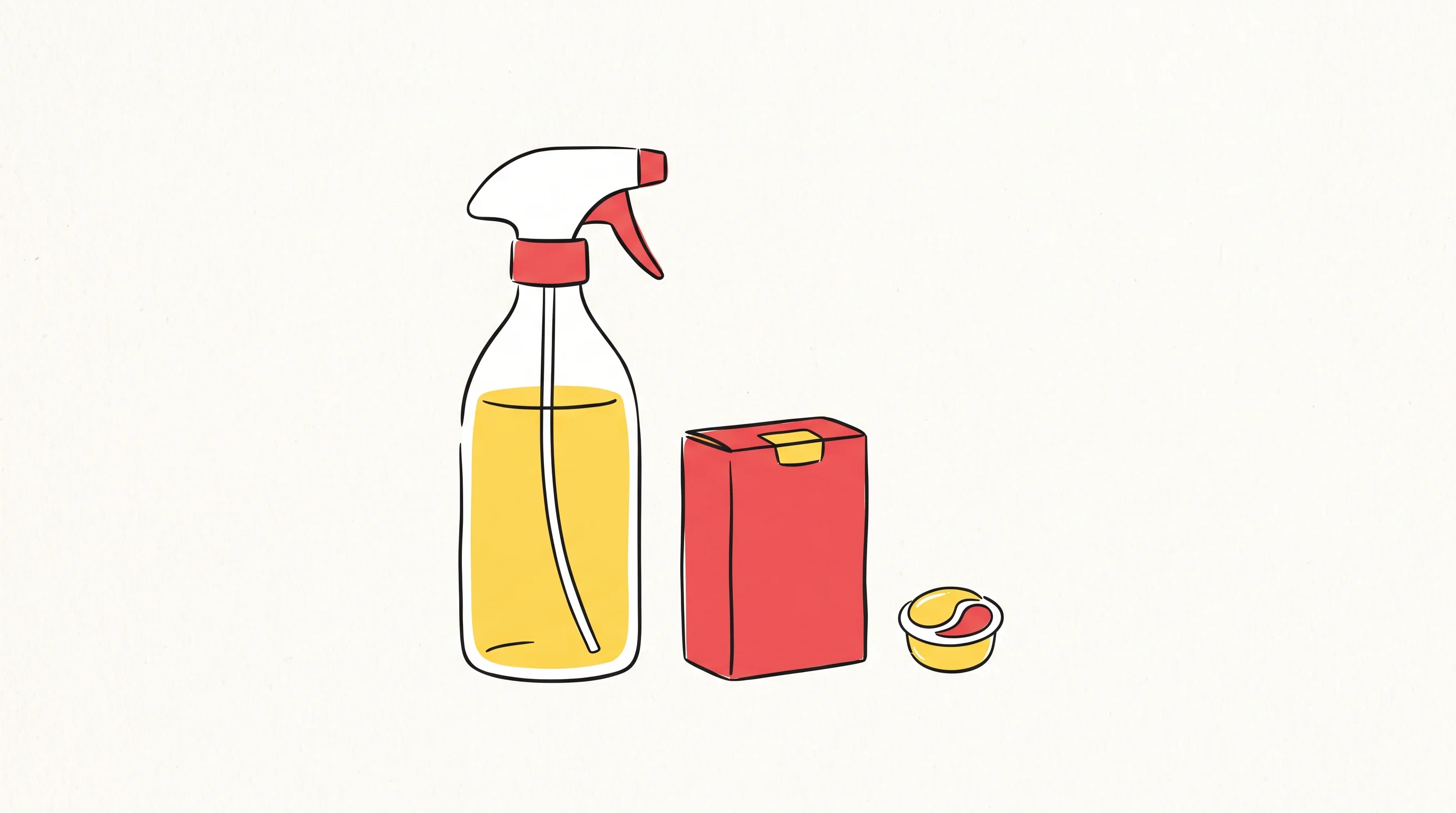 Digital illustration for article section "A Crowded Field" in "Bower Collective's £6.6M Journey: Building Circular Packaging at Scale" - A conceptual, minimalist arrangement of three distinct eco-friendly home care products—a sleek reusa...