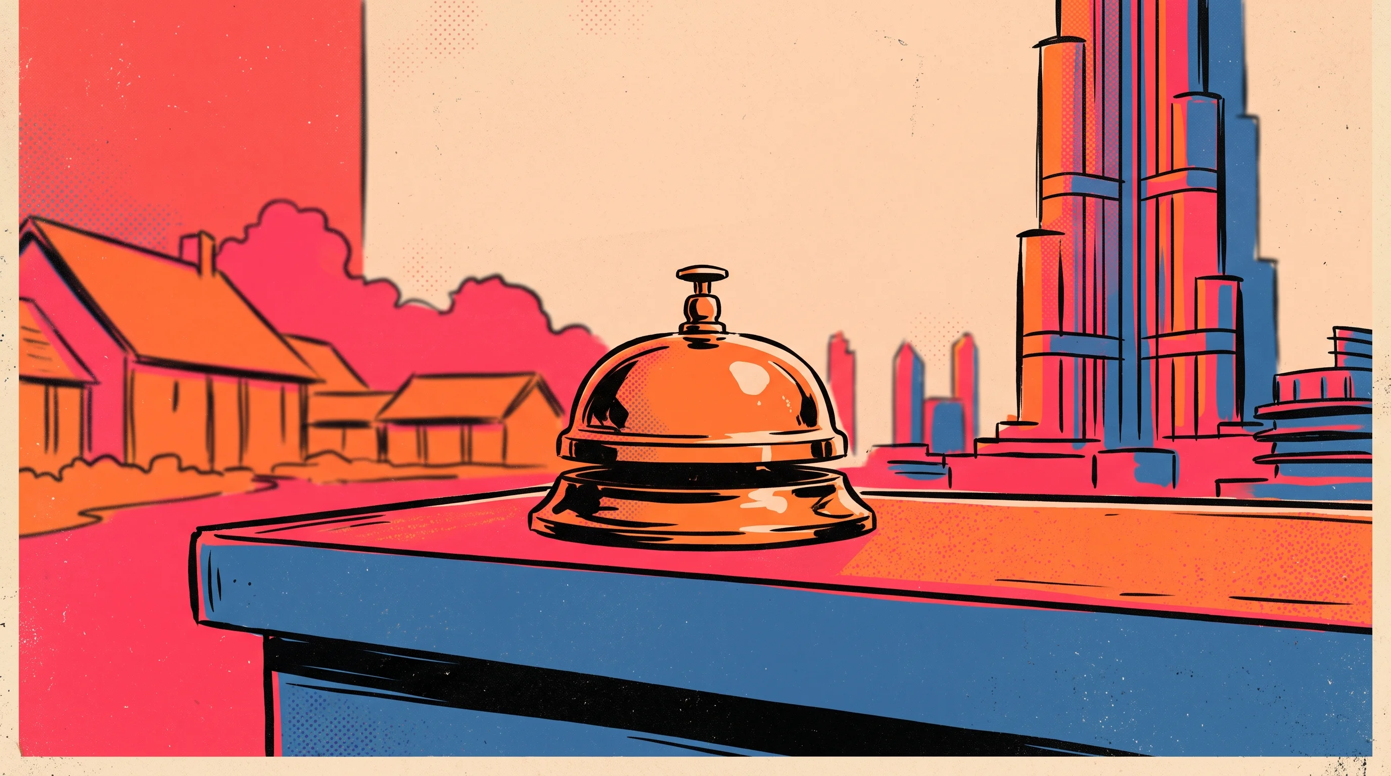 Digital illustration for article section "Traction Outside the Capital" in "Inntelo AI Brings Agentic Concierge to London Hotels After Award Win" - A clean, minimal composition featuring a classic hotel concierge bell as the strong central focal el...