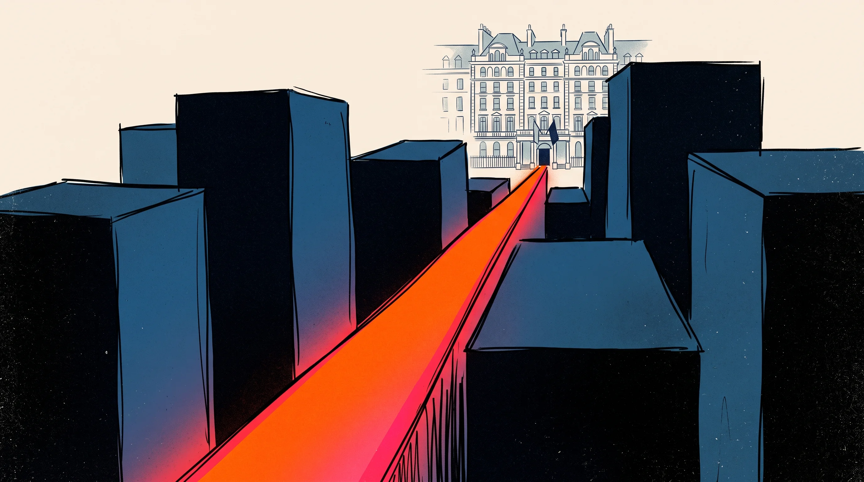 Digital illustration for article section "What Comes Next" in "Inntelo AI Brings Agentic Concierge to London Hotels After Award Win" - A conceptual, minimalist illustration representing a small business threading a narrow path to succe...