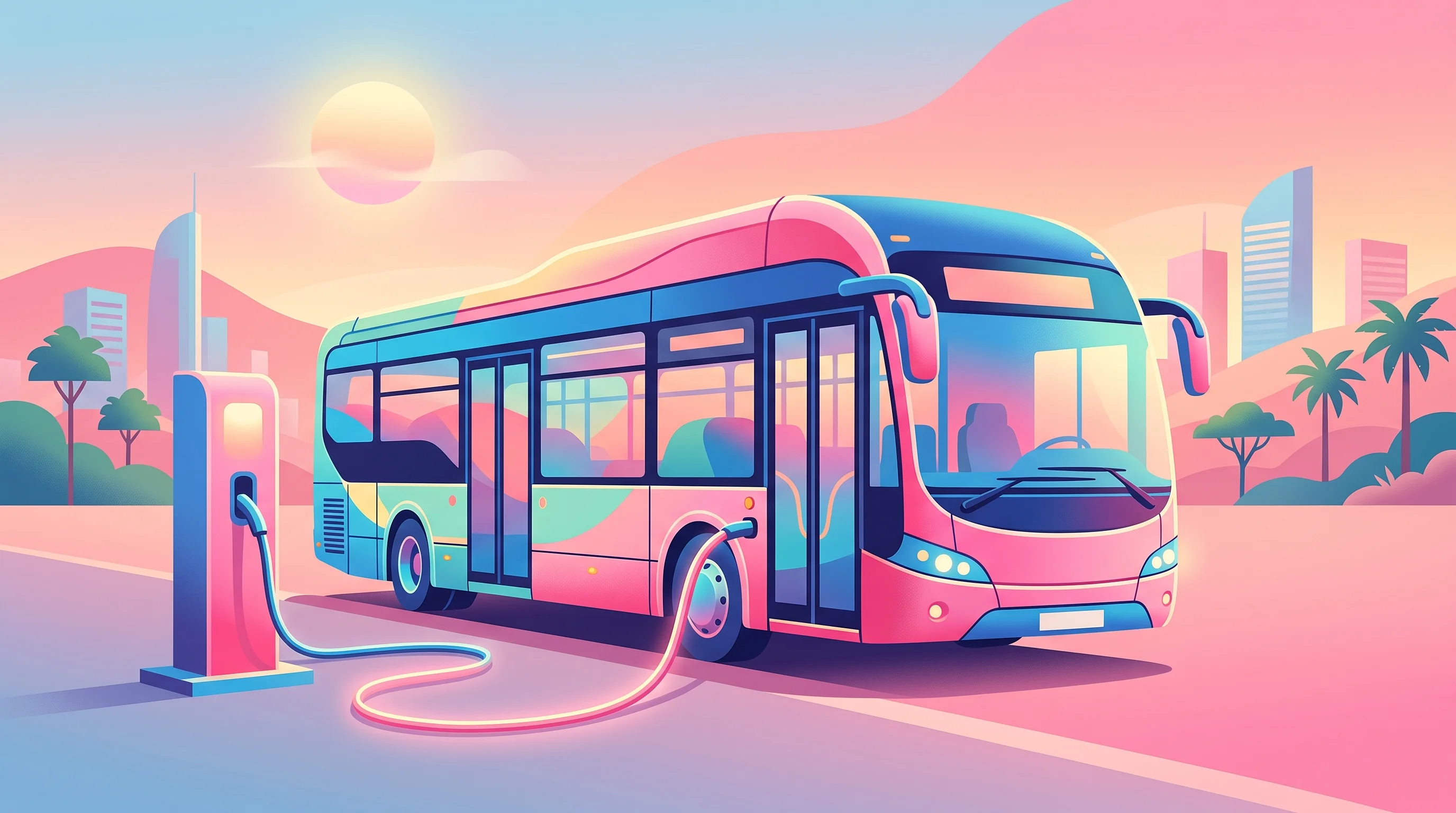 Digital illustration for article section "Uganda's Electric Ambitions" in "Green Hub East Africa: Unverified $12.8M Raise and What's Real" - A sleek, modern electric transit bus parked at a minimalist DC fast charging station, representing U...