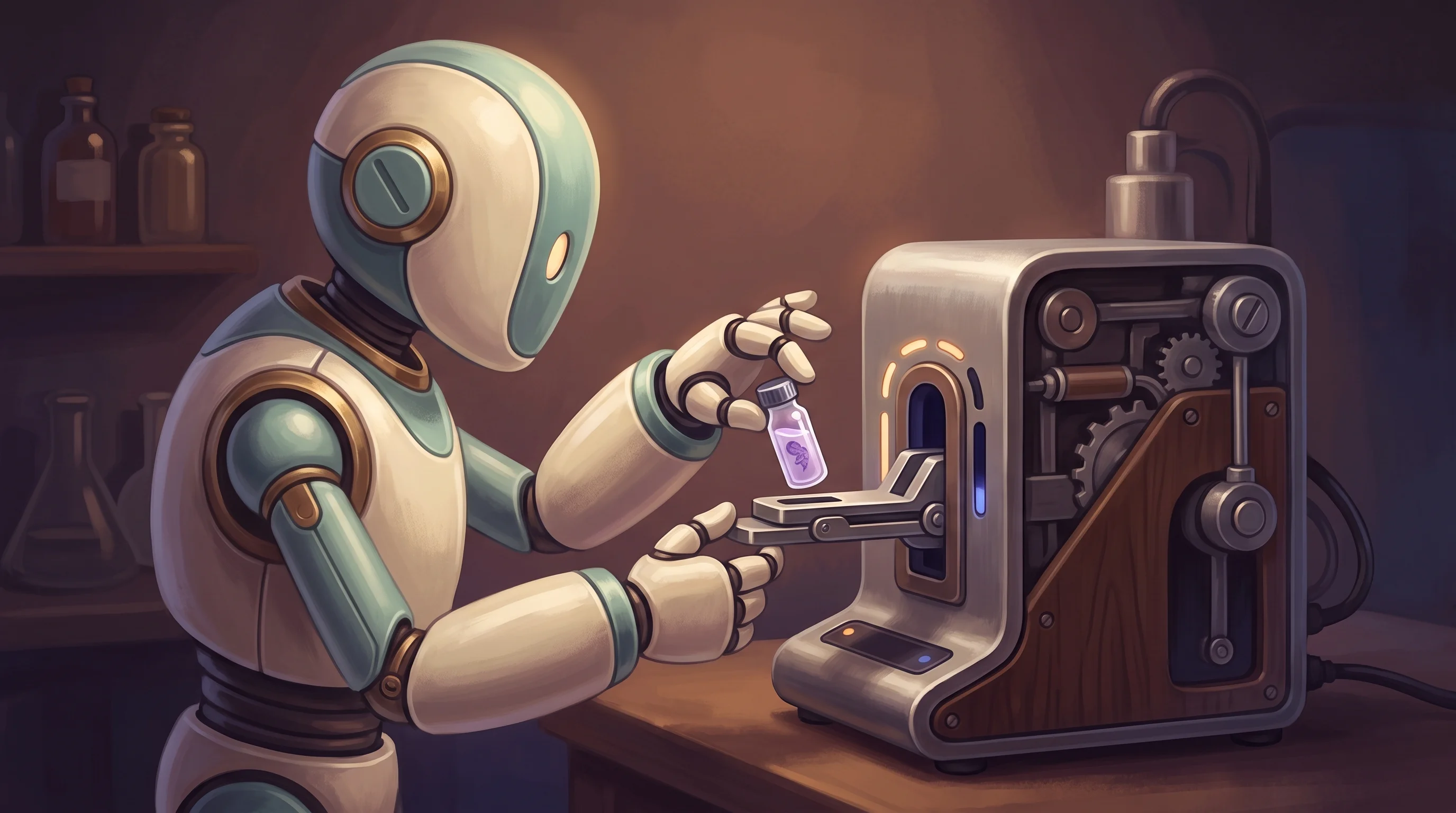 Digital illustration for article section "A Demo That Mattered" in "Sancho Raises $7M to Build 'Physical API' for Smart Factories" - A whimsical digital illustration of a sleek, approachable humanoid robot carefully loading a small b...