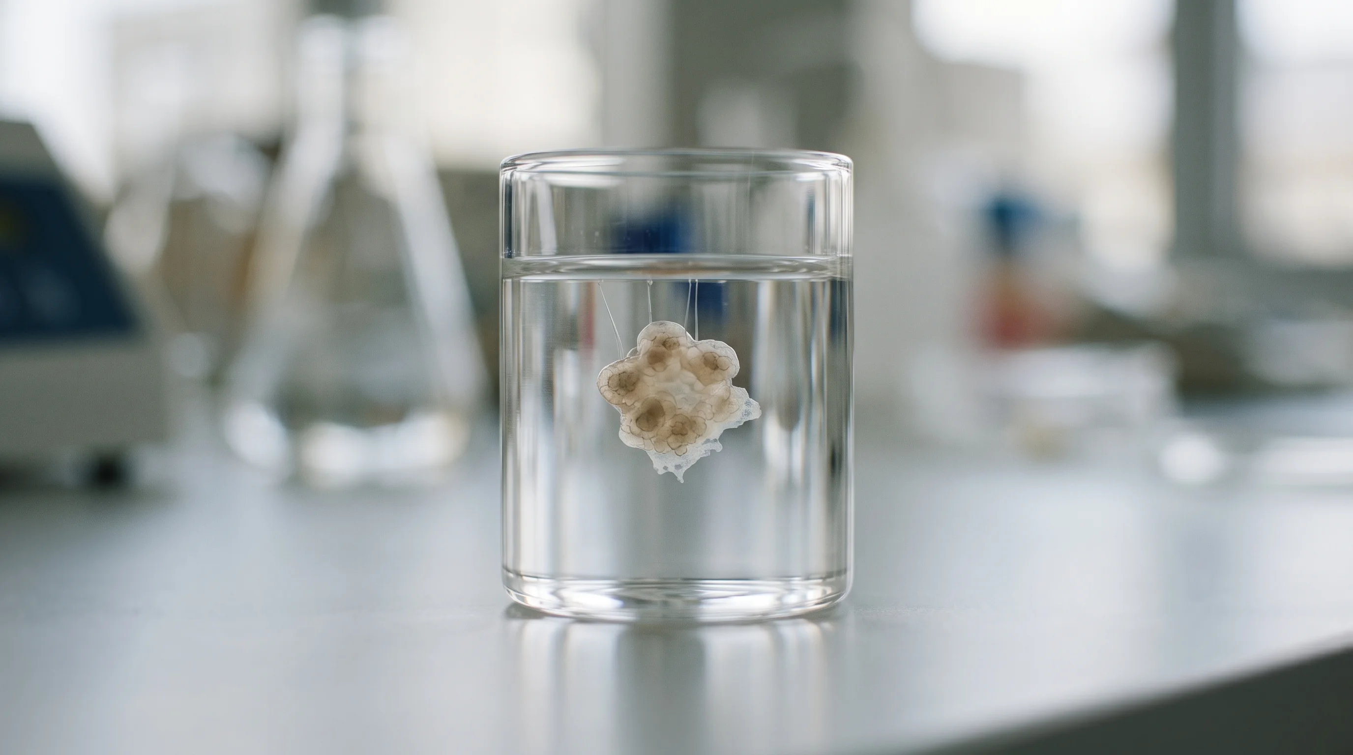 Digital illustration for article section "The Reality Behind the Hype" in "Living Computers: Inside Parasma's Quest to Turn Brain Cells Into AI" - A macro, tilt-shift photograph of a single, delicate biological organoid suspended inside a minimali...