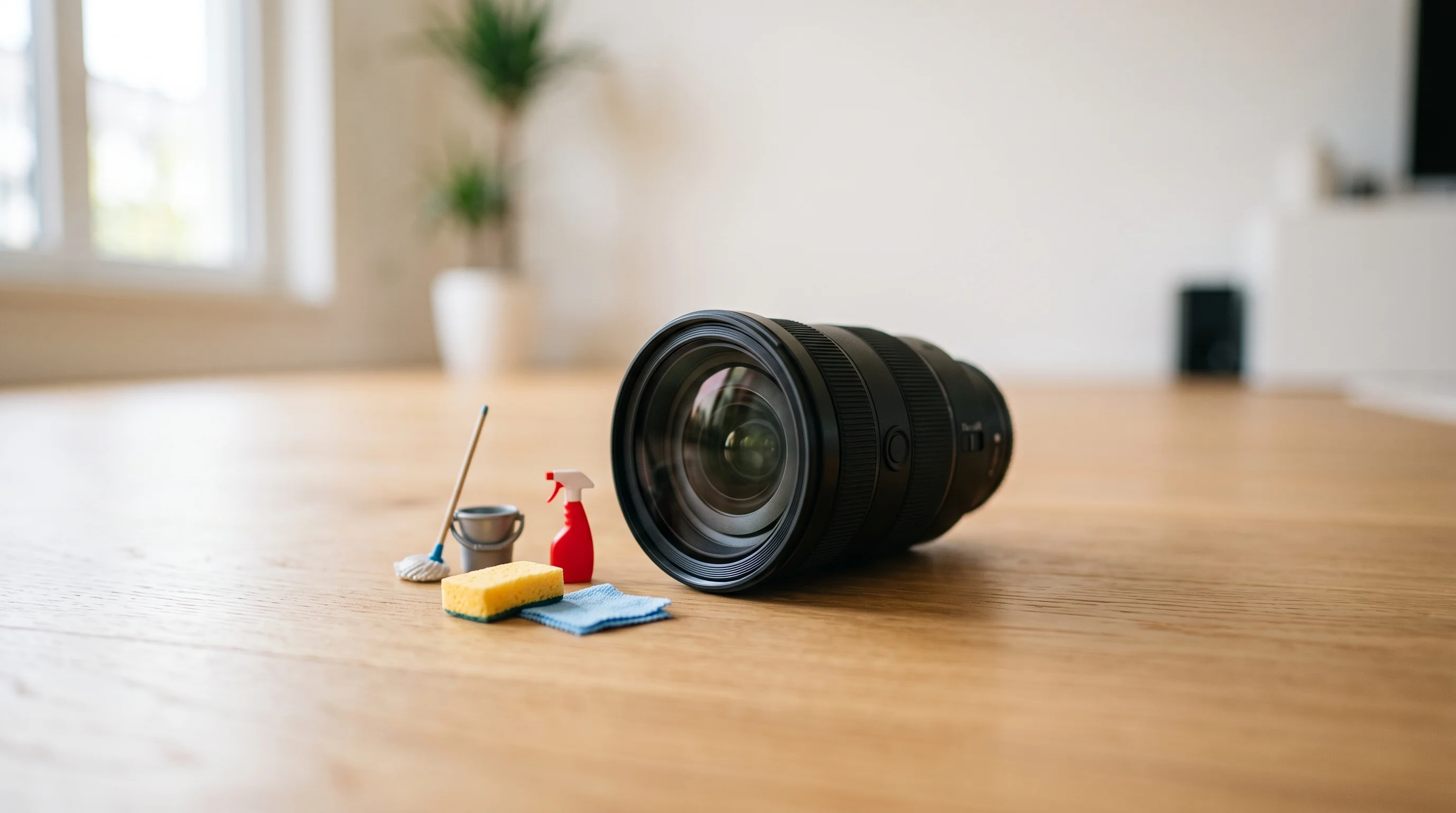 Digital illustration for article section "The Shift Experiment: Free Cleanings for Video Data" in "MicroAGI Raises $55M in Germany's Largest Seed Round for Robotics AI" - A surreal, miniature world concept featuring an oversized, sleek modern camera lens resting on a pri...