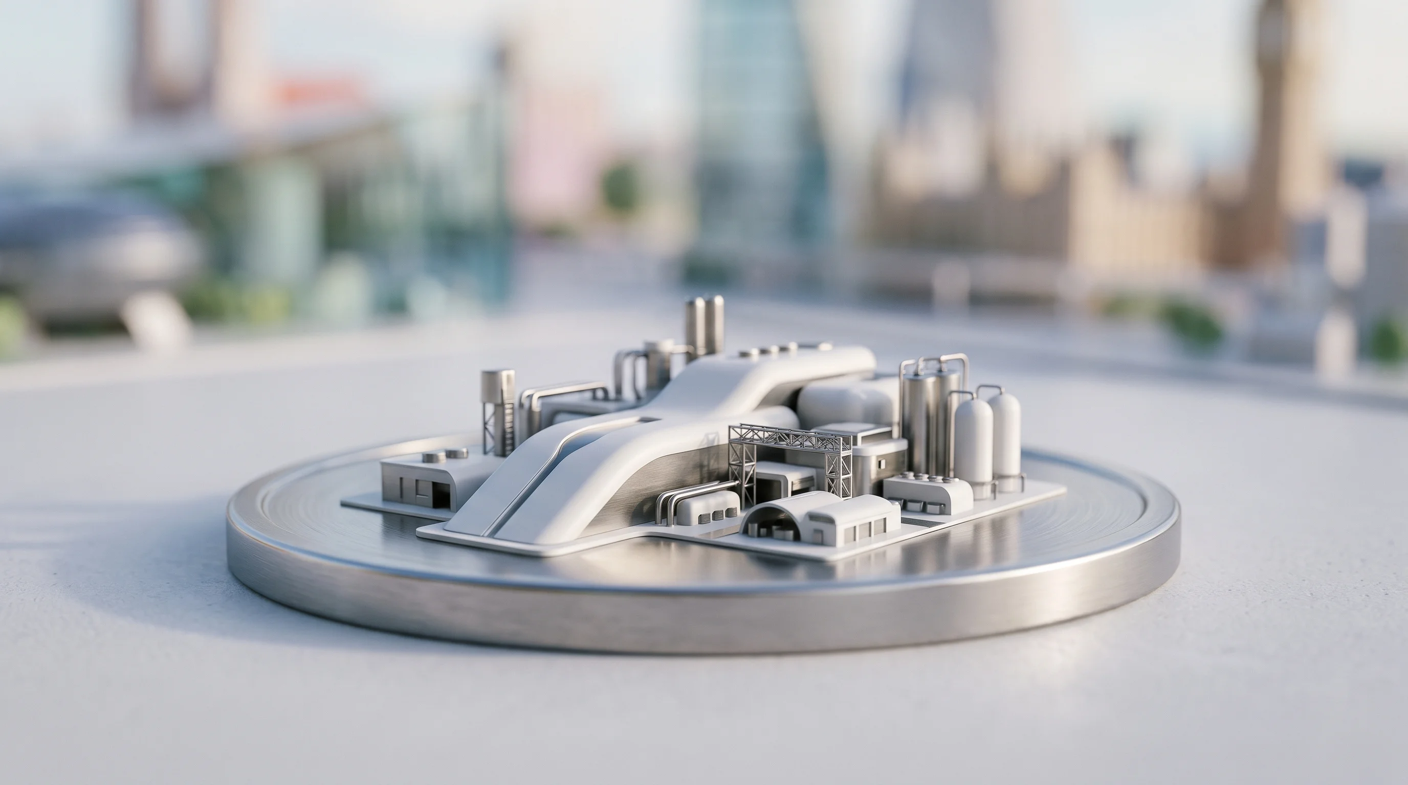 Digital illustration for article section "What the Money Buys" in "MicroAGI Raises $55M in Germany's Largest Seed Round for Robotics AI" - A macro, tilt-shift photography shot of a sleek, ultra-modern miniature industrial facility resting ...