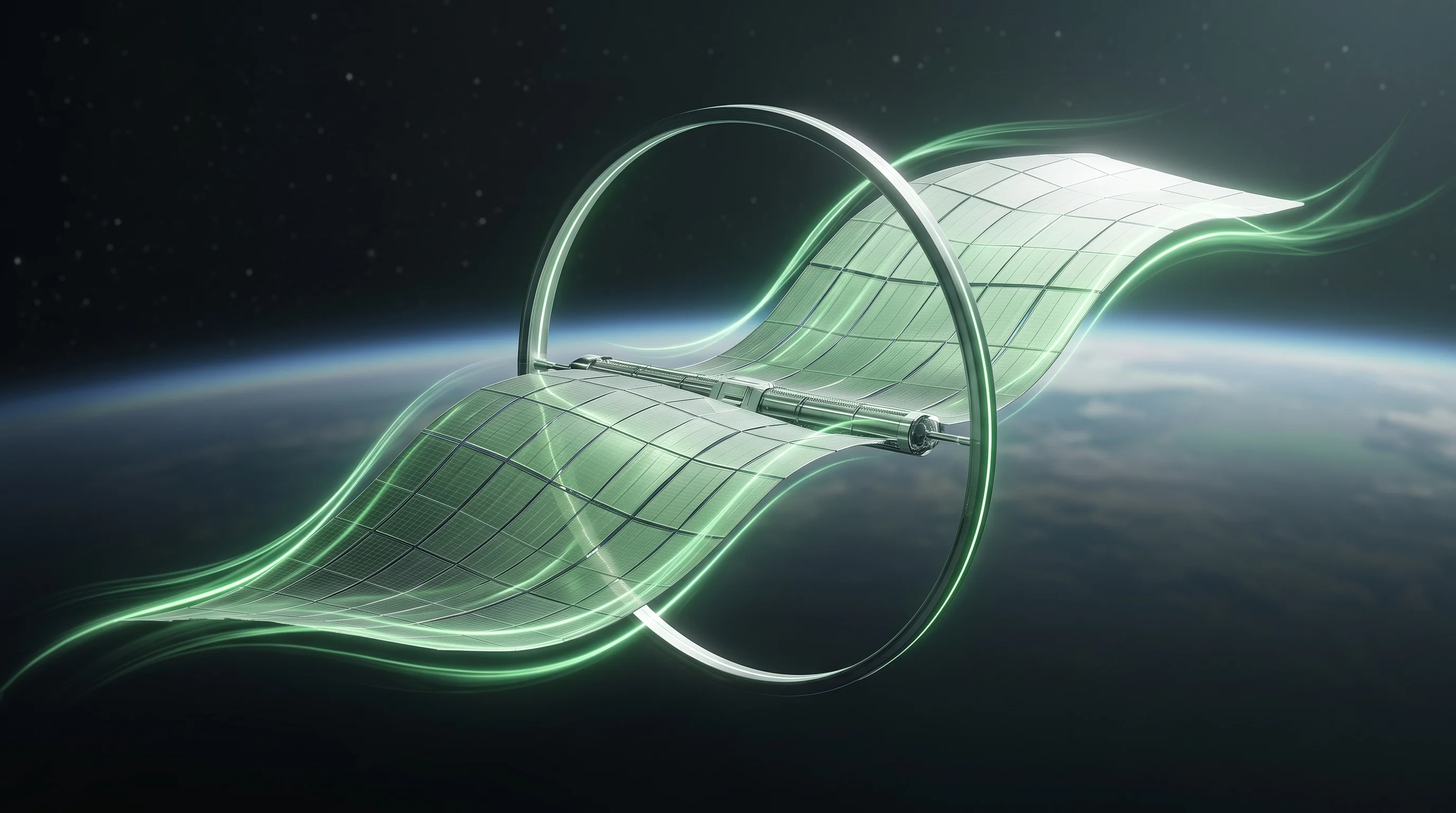 Digital illustration for article section "Power as a Bottleneck" in "YC-Backed Beyond Reach Labs Raises $10M for Orbital Solar Arrays" - A massive, sleek space solar array unfolding in orbit, designed with flowing, elegant lines that gra...
