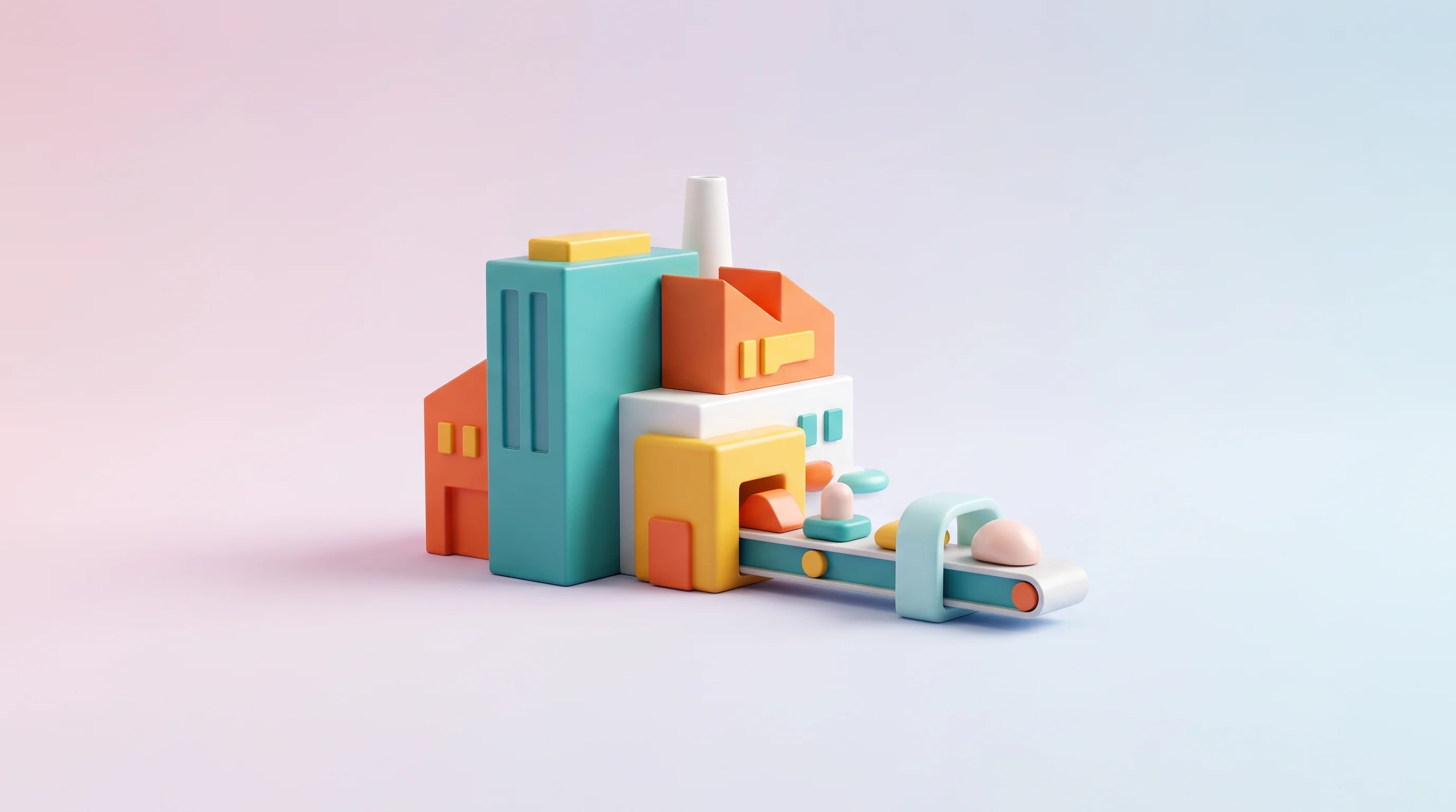 Digital illustration for article section "Canton, Michigan: The Manufacturing Bet" in "NxLite Closes Oversubscribed $13.1M Series A for Glass Coatings" - A modern manufacturing facility conceptualized as a high-end 3D pop art designer toy collectible, si...