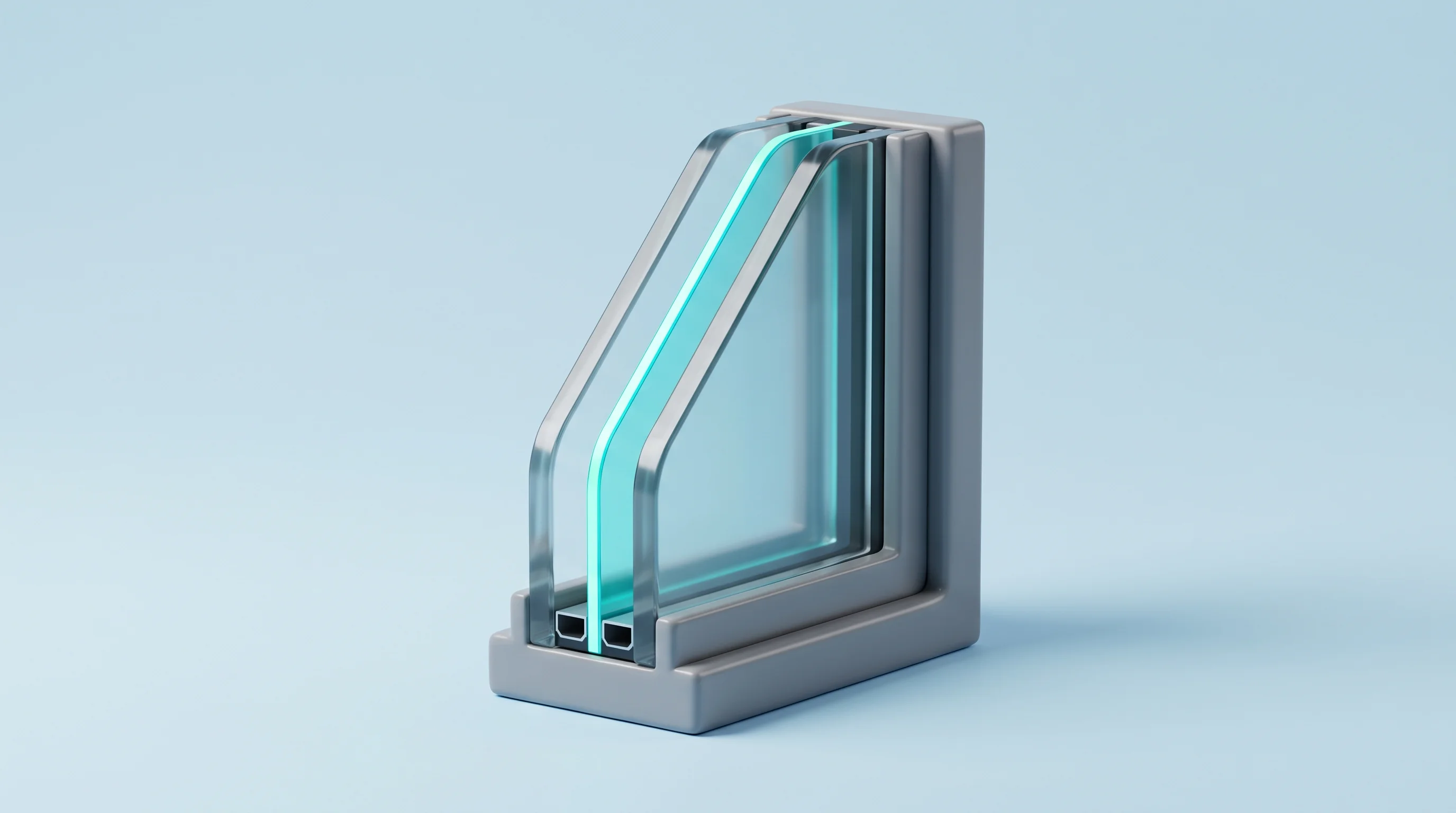 Digital illustration for article section "The Triple-Pane Problem" in "NxLite Closes Oversubscribed $13.1M Series A for Glass Coatings" - A clean, conceptual 3D pop art toy representation of a modern window cross-section, illustrating adv...