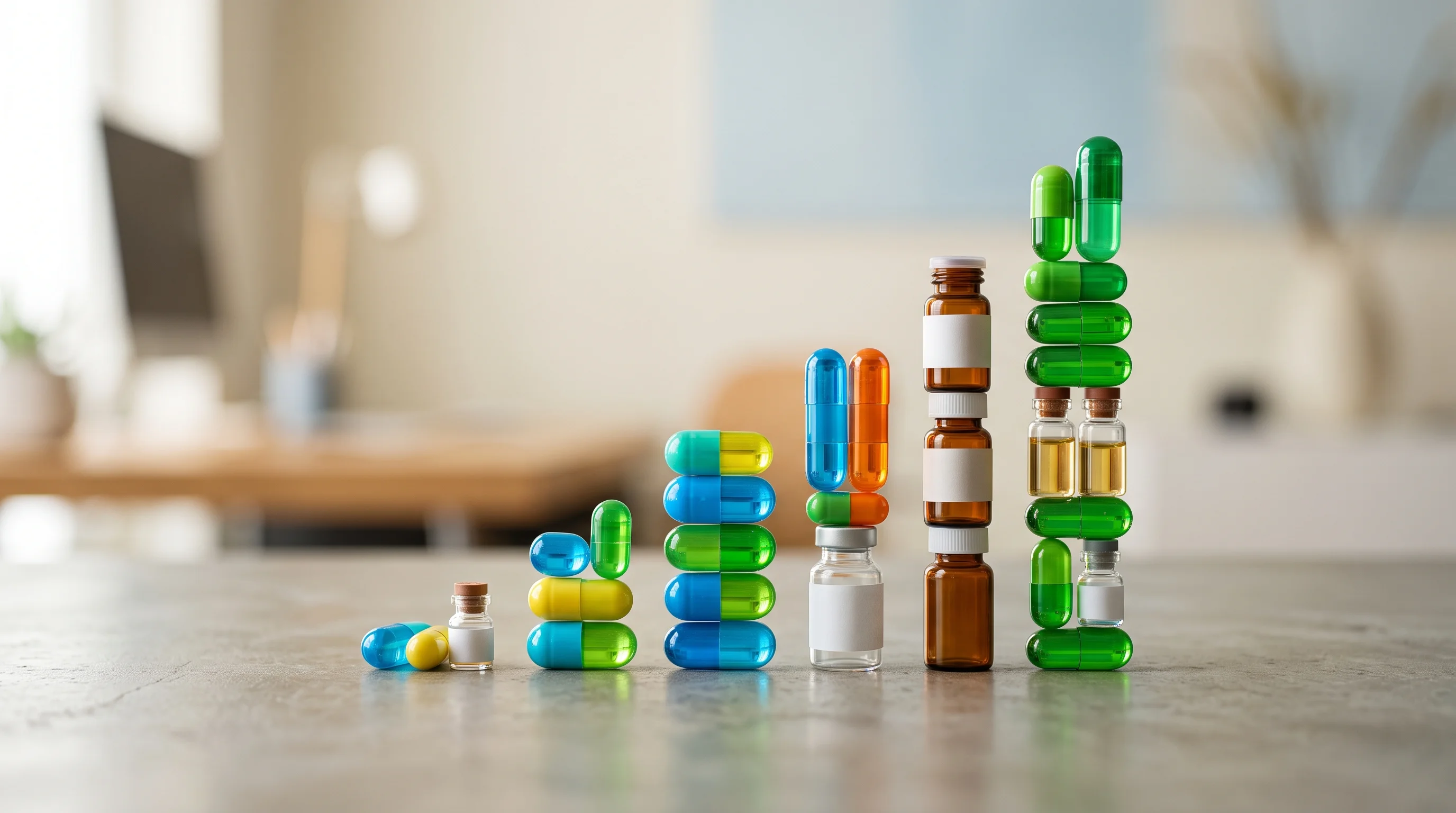 Digital illustration for article section "The Market Story" in "AI Models Now Predict Drug Trials—Could Save Billions" - A macro photography shot of a minimalist, upward-trending bar chart representing financial market gr...
