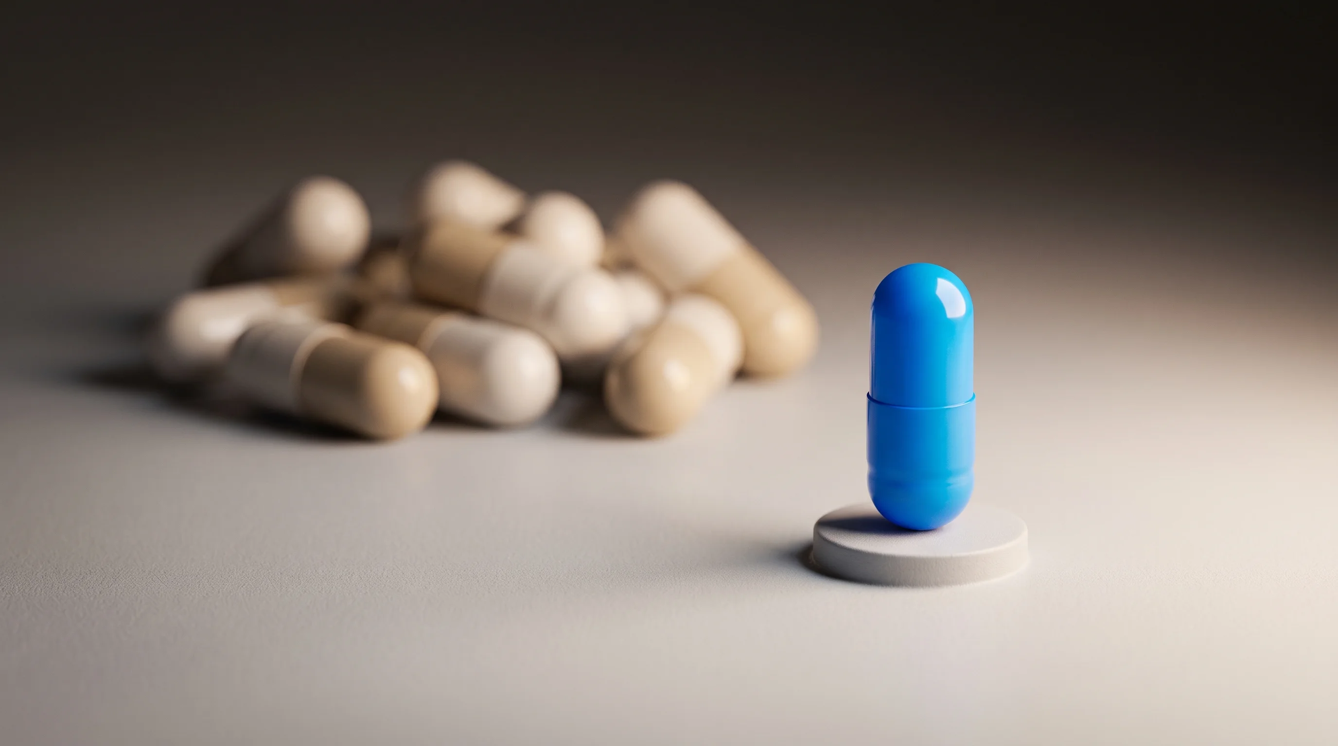 Digital illustration for article section "Tempering the Narrative" in "AI Models Now Predict Drug Trials—Could Save Billions" - A macro photography shot of ten stylized, smooth plastic pill capsules resting on a minimalist surfa...