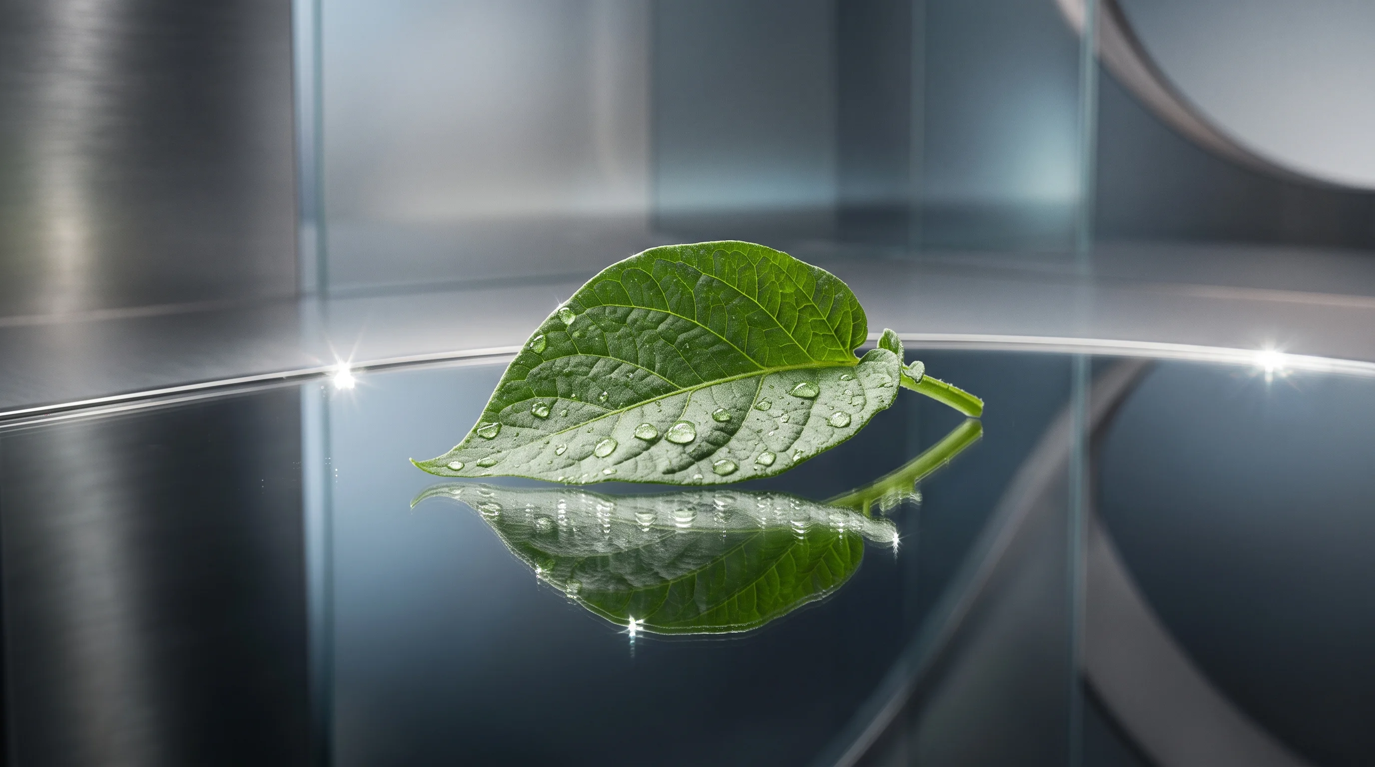 Digital illustration for article section "The Molecular Alternatives" in "The Race to Build Bee-Safe Pesticides: Molagri Joins $40B Biopesticides Boom" - A sleek, minimalist conceptual composition featuring a single, perfectly smooth potato plant leaf re...