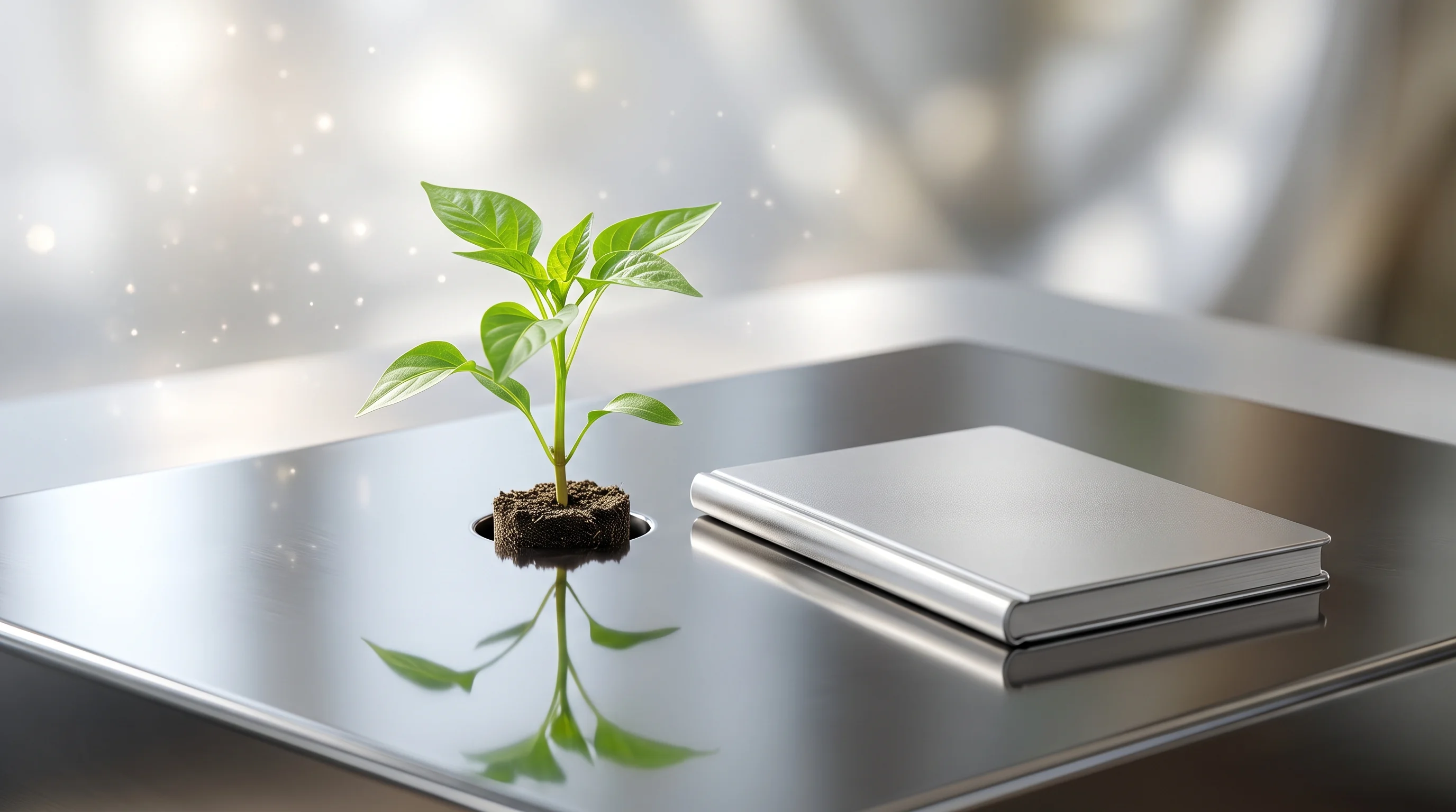 Digital illustration for article section "The Majors Hedge Their Bets" in "The Race to Build Bee-Safe Pesticides: Molagri Joins $40B Biopesticides Boom" - A pristine, vibrant green crop seedling emerging from a sleek, highly polished metallic platform, sy...
