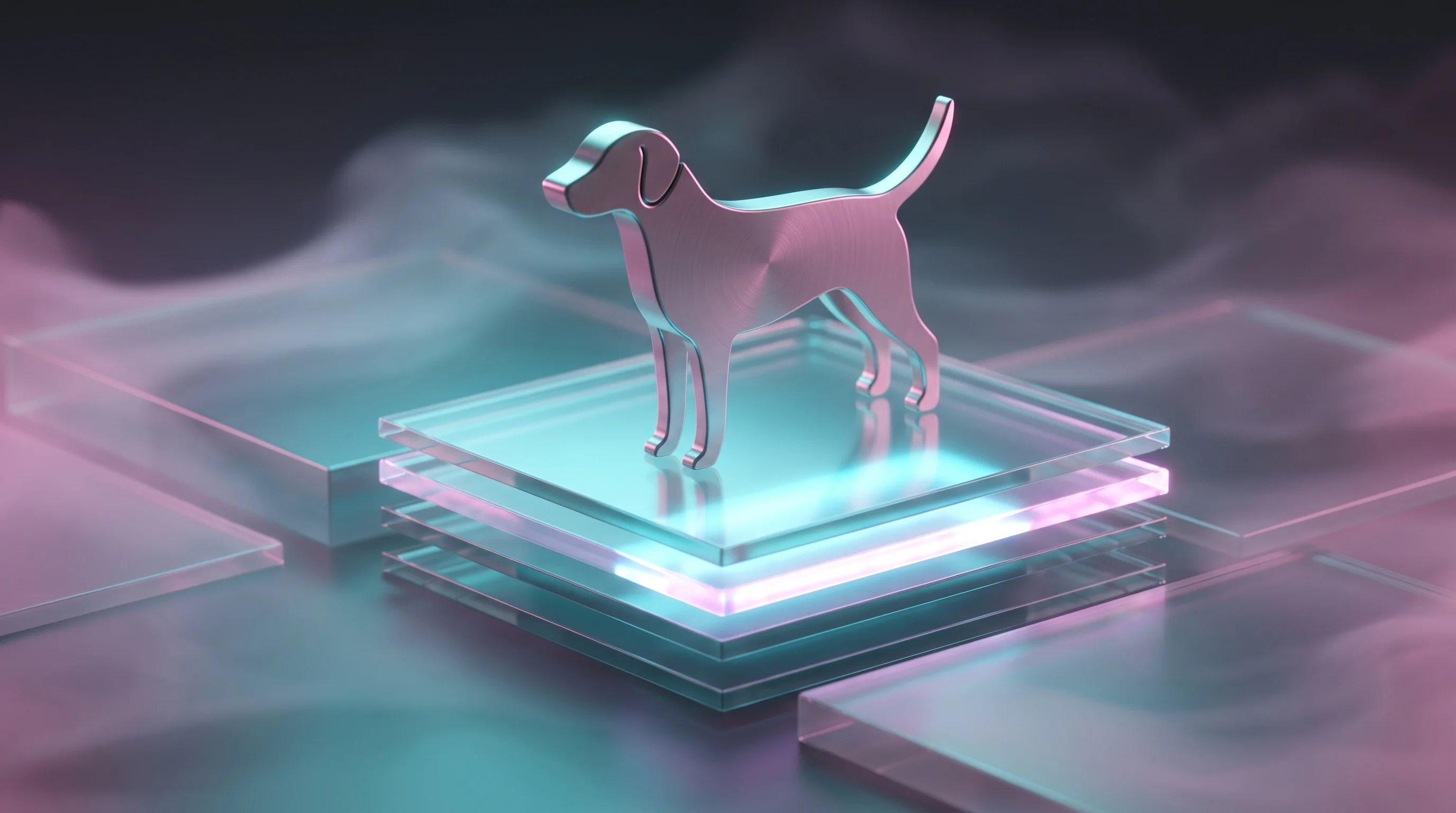 Digital illustration for article section "Beyond Bomb-Sniffing Dogs" in "Solidus Labs' Agentic AI Push Bridges Crypto and Wall Street" - A clean, minimalist conceptual composition featuring a sleek, abstract metallic silhouette of a houn...