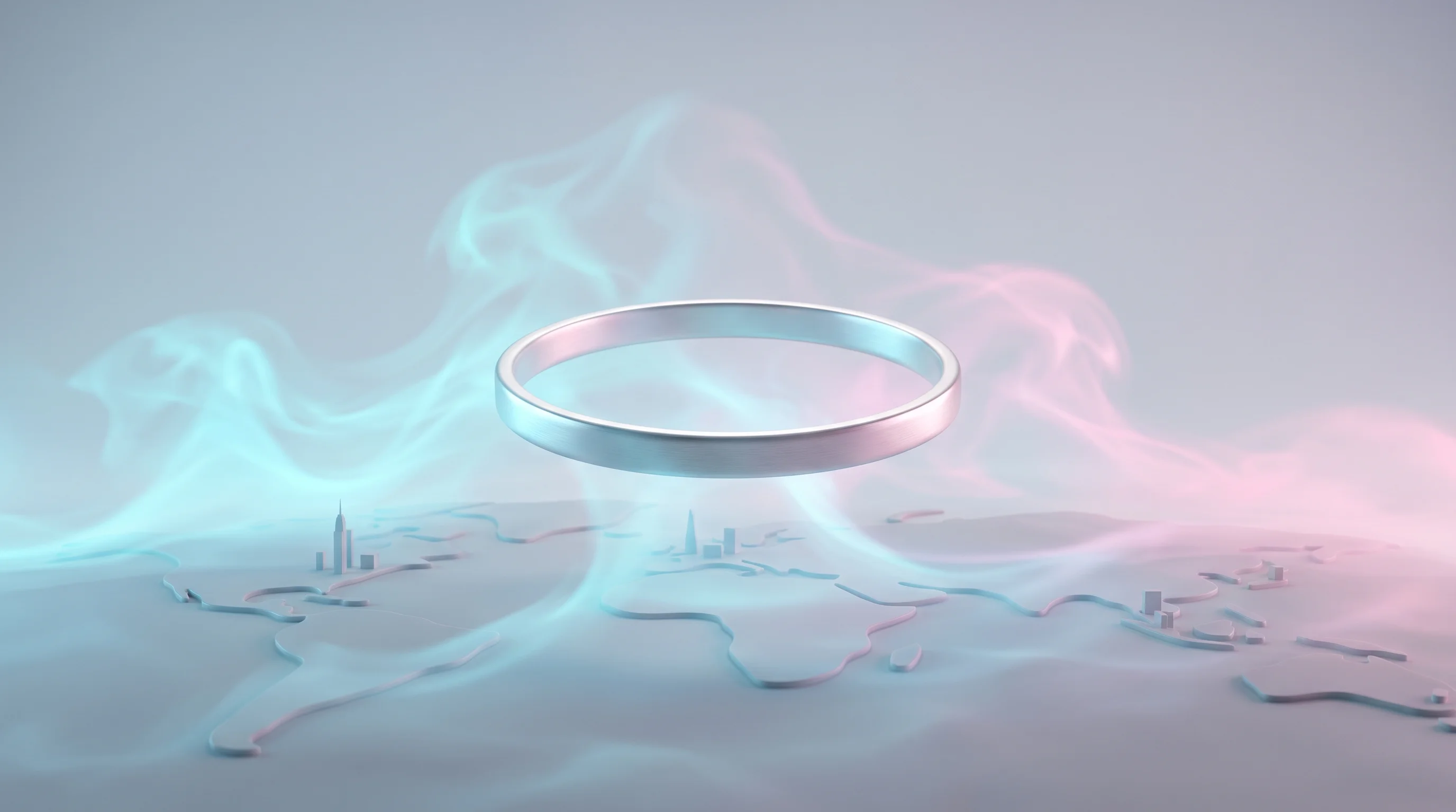 Digital illustration for article section "Building the Bilingual Surveillance Platform" in "Solidus Labs' Agentic AI Push Bridges Crypto and Wall Street" - A pristine, minimalist metallic ring representing a unified global platform hovers gracefully above ...