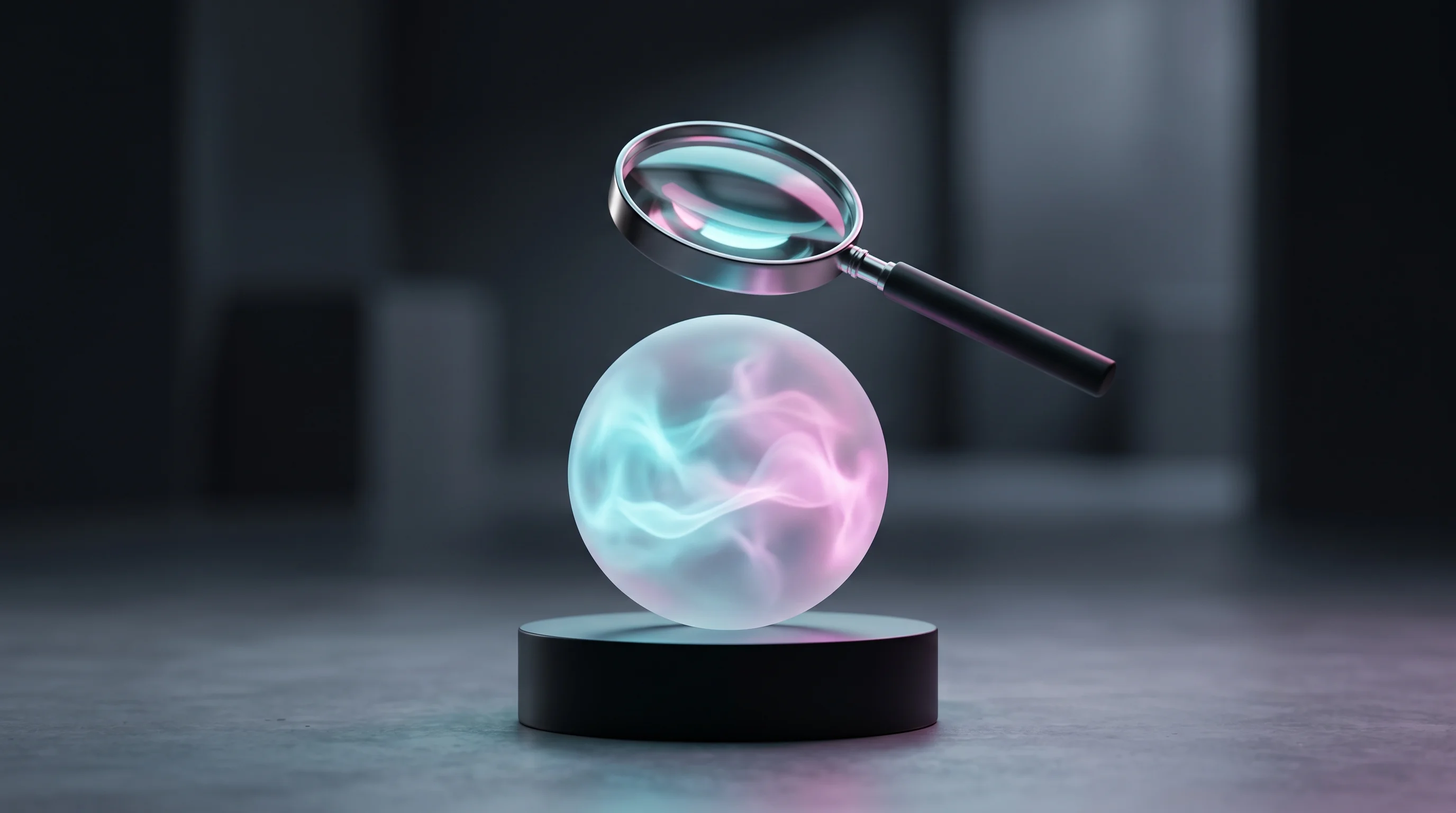 Digital illustration for article section "The Unanswered Question" in "Solidus Labs' Agentic AI Push Bridges Crypto and Wall Street" - A sleek, modern magnifying glass hovering over a smooth, abstract glowing orb resting on a pristine,...