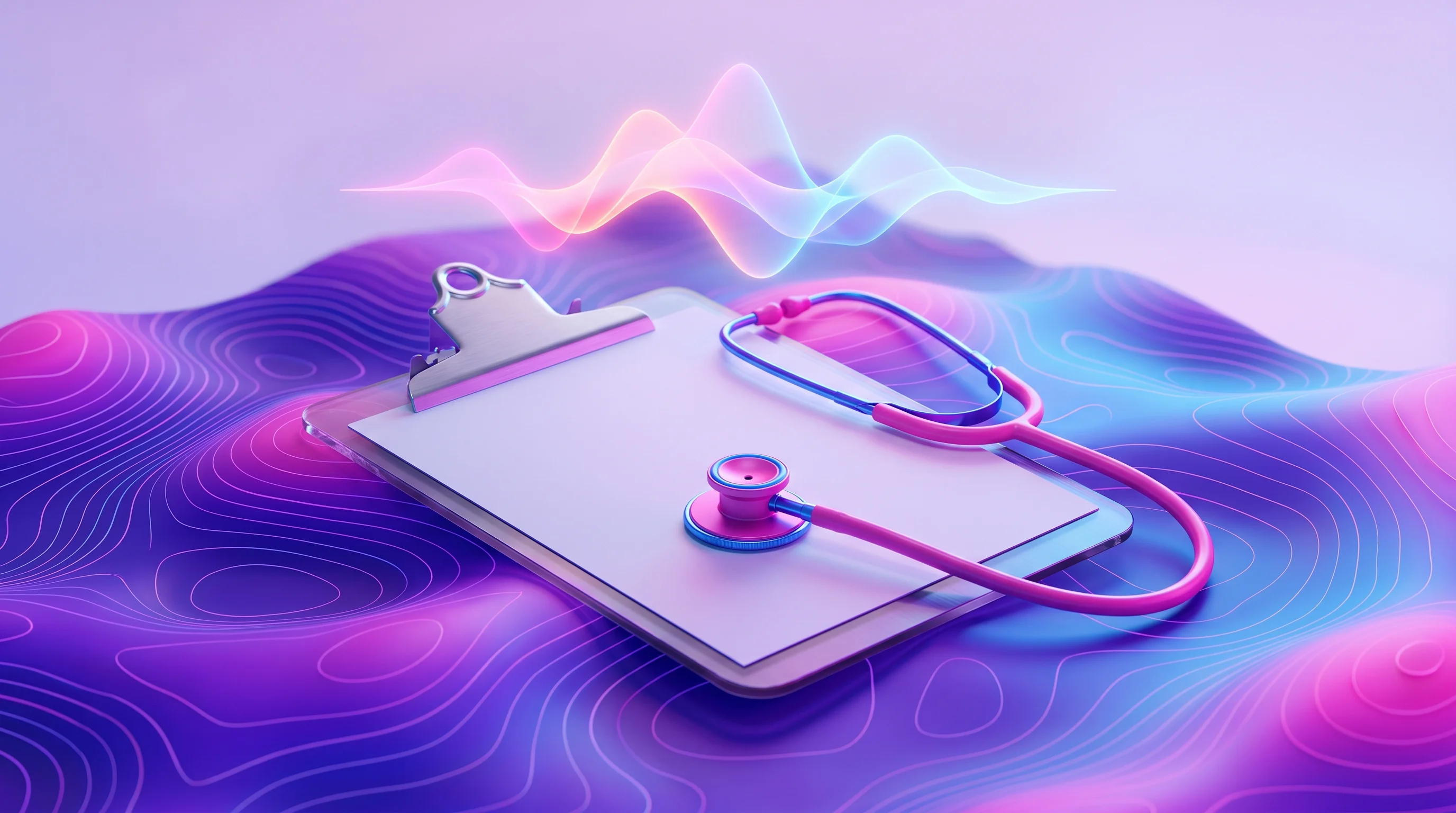 Digital illustration for article section "Navigating the Ambient AI Land Grab" in "Kin Raises $9M for AI That Helps Patients Remember Doctor Visits" - A clean, minimalist conceptual image representing the rapid expansion of ambient AI in healthcare, f...
