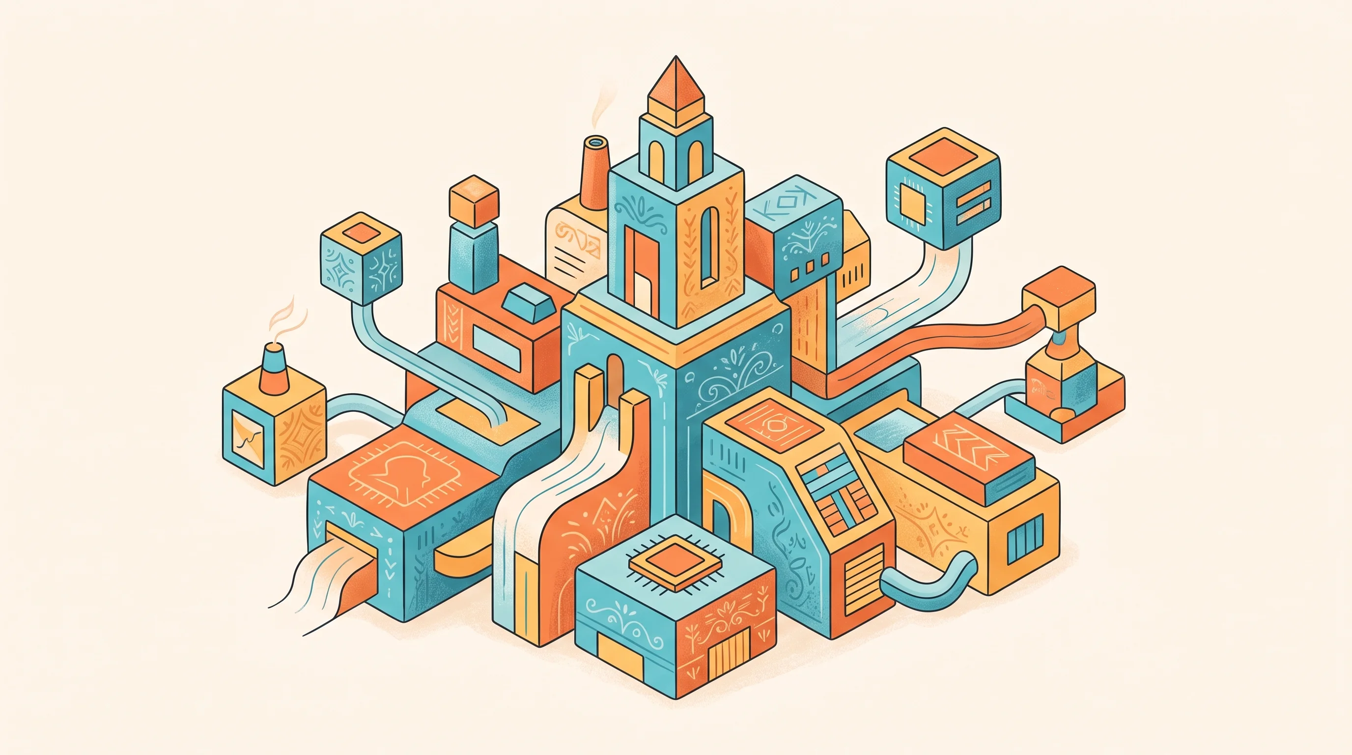 Digital illustration for article section "An Industry Gearing Up" in "The Race to Reinvent AI Chips: Startups Challenge GPU Dominance" - A clean, minimalist composition featuring a central, stylized architectural structure representing a...