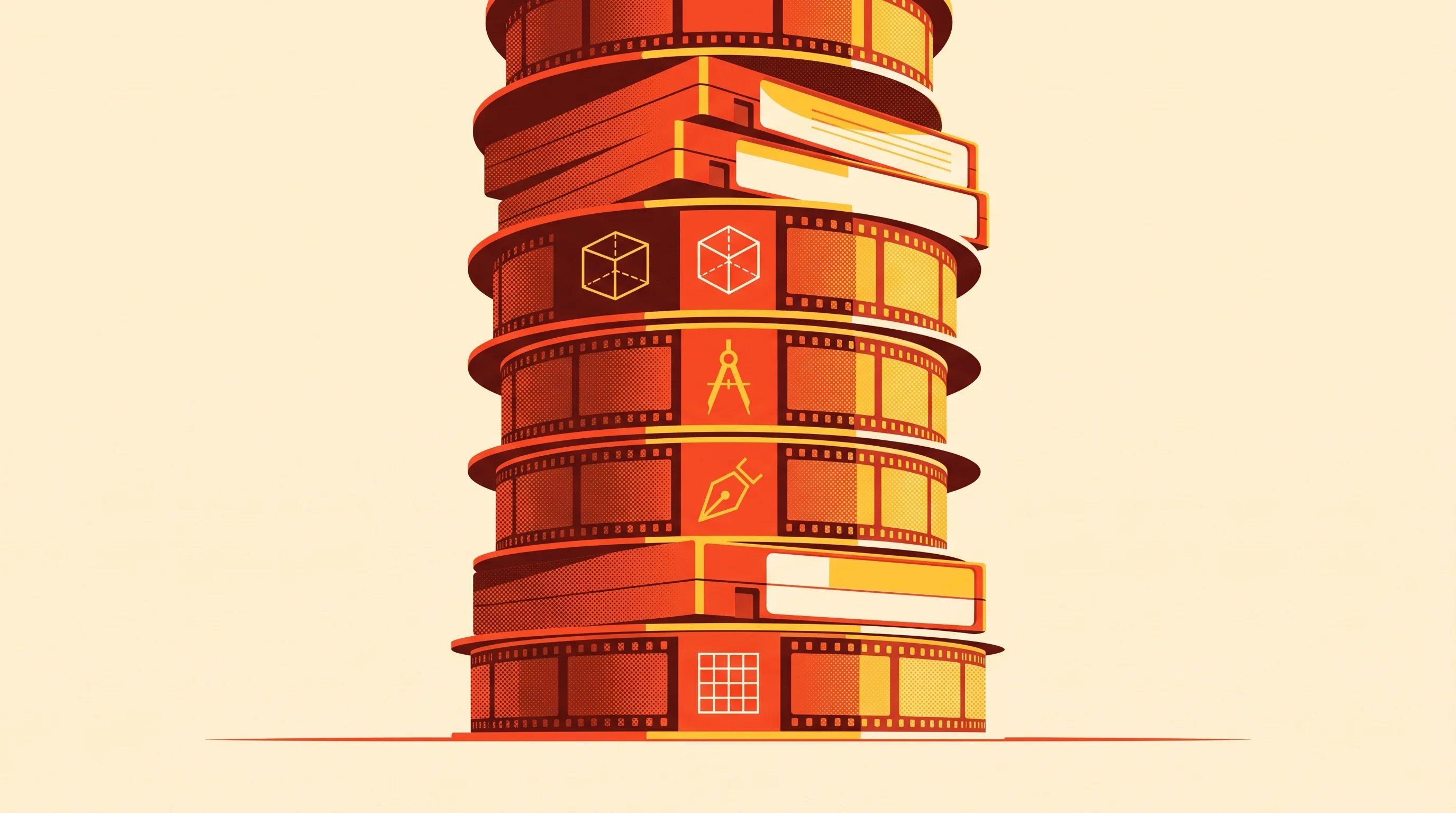 Digital illustration for article section "Professional Software, Not Just Browsers" in "Markov Studios Launches Data Platform for Computer-Use AI Training" - A monumental, towering stack of heavy archival film reels and sleek data cartridges resting on a min...