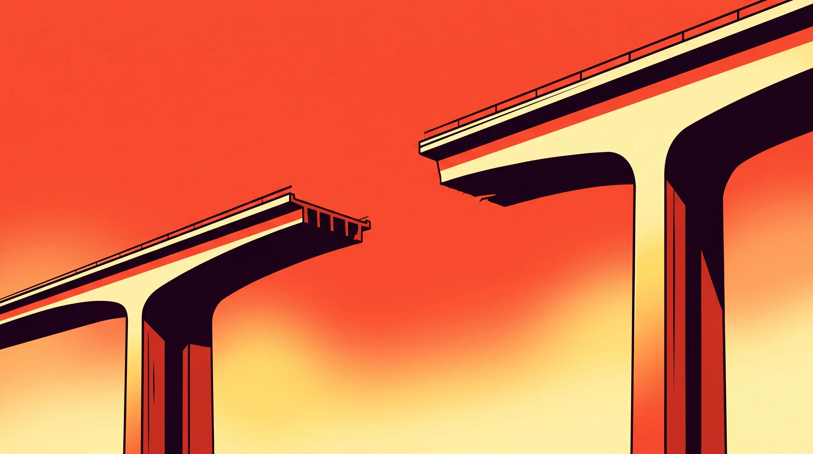 Digital illustration for article section "The Reliability Gap" in "Markov Studios Launches Data Platform for Computer-Use AI Training" - A bold, conceptual illustration of a massive, sleek architectural bridge that is abruptly unfinished...