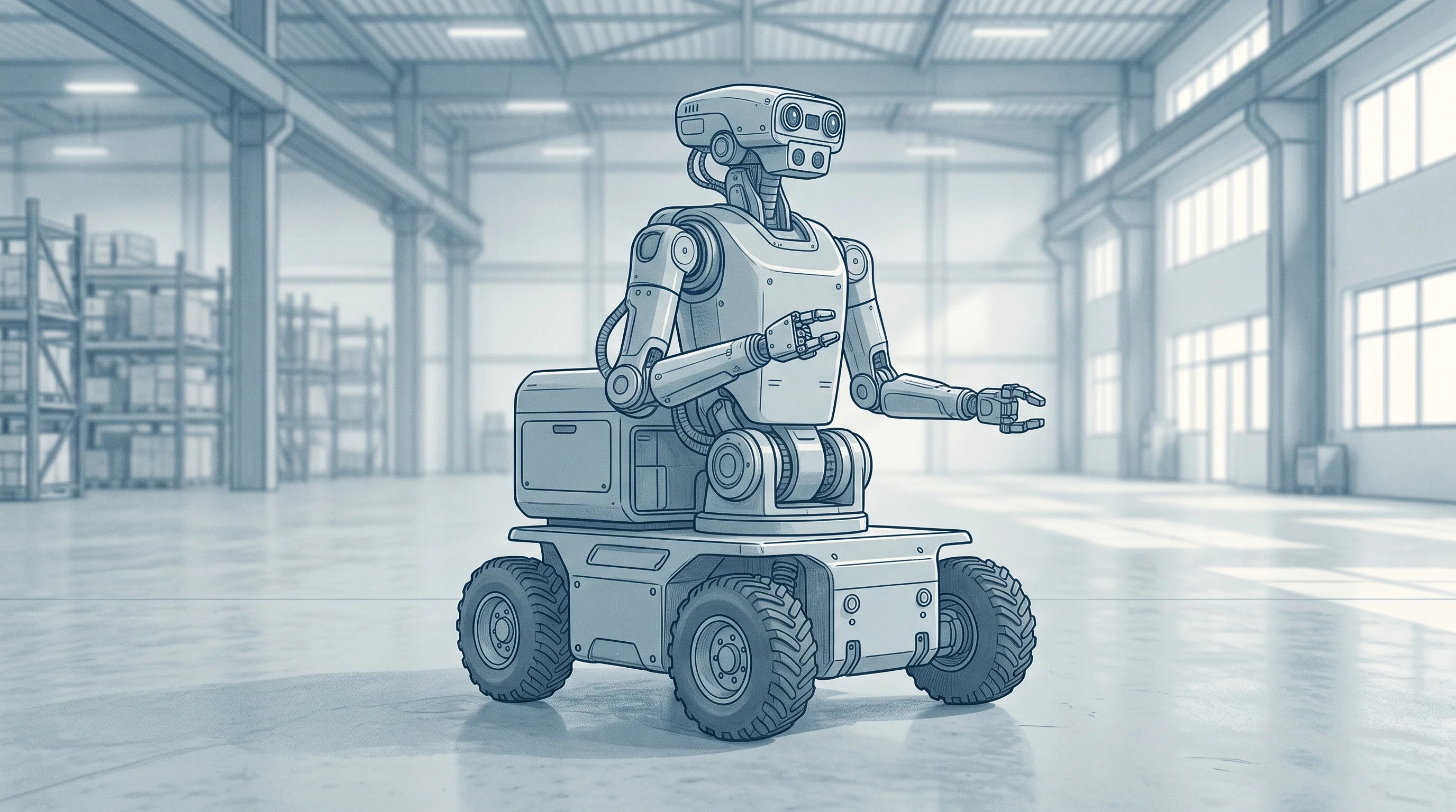 Digital illustration for article section "Form Factor as Strategy" in "Toyota Spinout Walden Robotics Lands $300M Seed at Unicorn Valuation" - A neo-vintage illustration of a specialized industrial robot featuring a wheeled mobile base support...