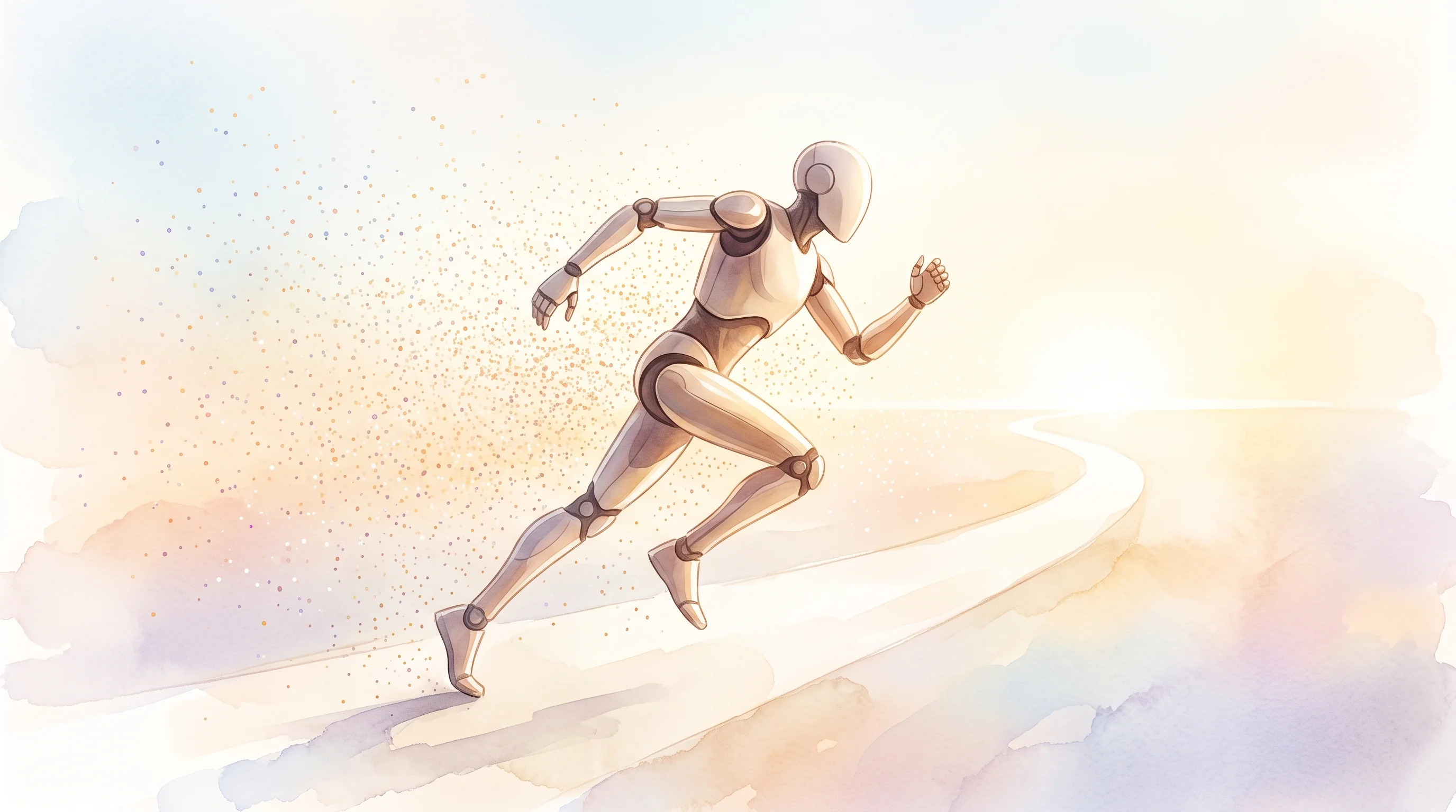 Digital illustration for article section "Racing Toward the Public Markets" in "UK's Humanoid Raises $150M Series A, Hits Unicorn Status" - A sleek, minimalist, faceless humanoid robot in a dynamic, forward-leaning sprinting pose on a subtl...