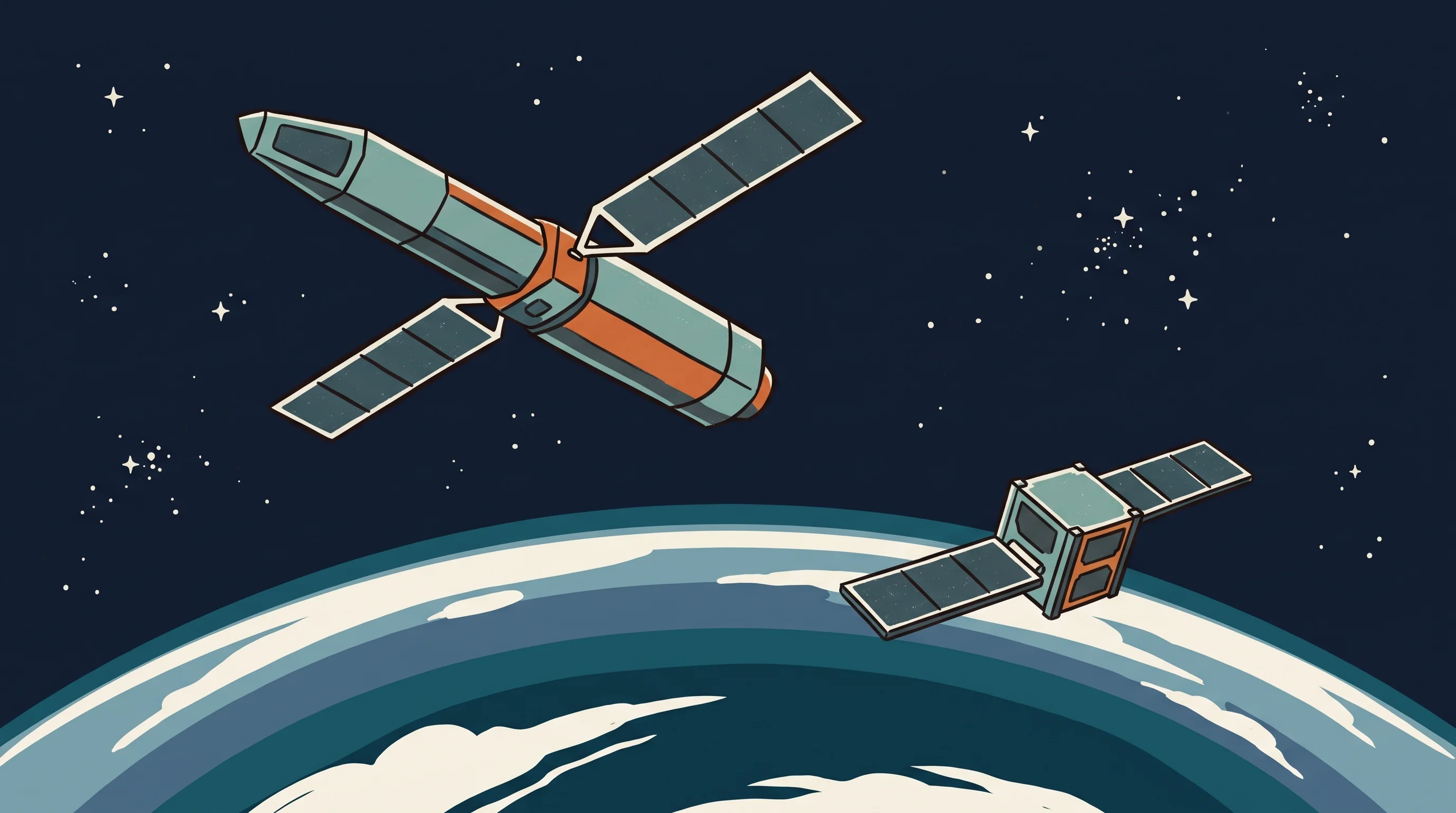 Digital illustration for article section "Mission Aagaman: Arrival" in "Skyroot Makes History with India's First Private Orbital Rocket" - A clean, minimalist illustration of two small satellites—a sleek technology demonstrator and a compa...
