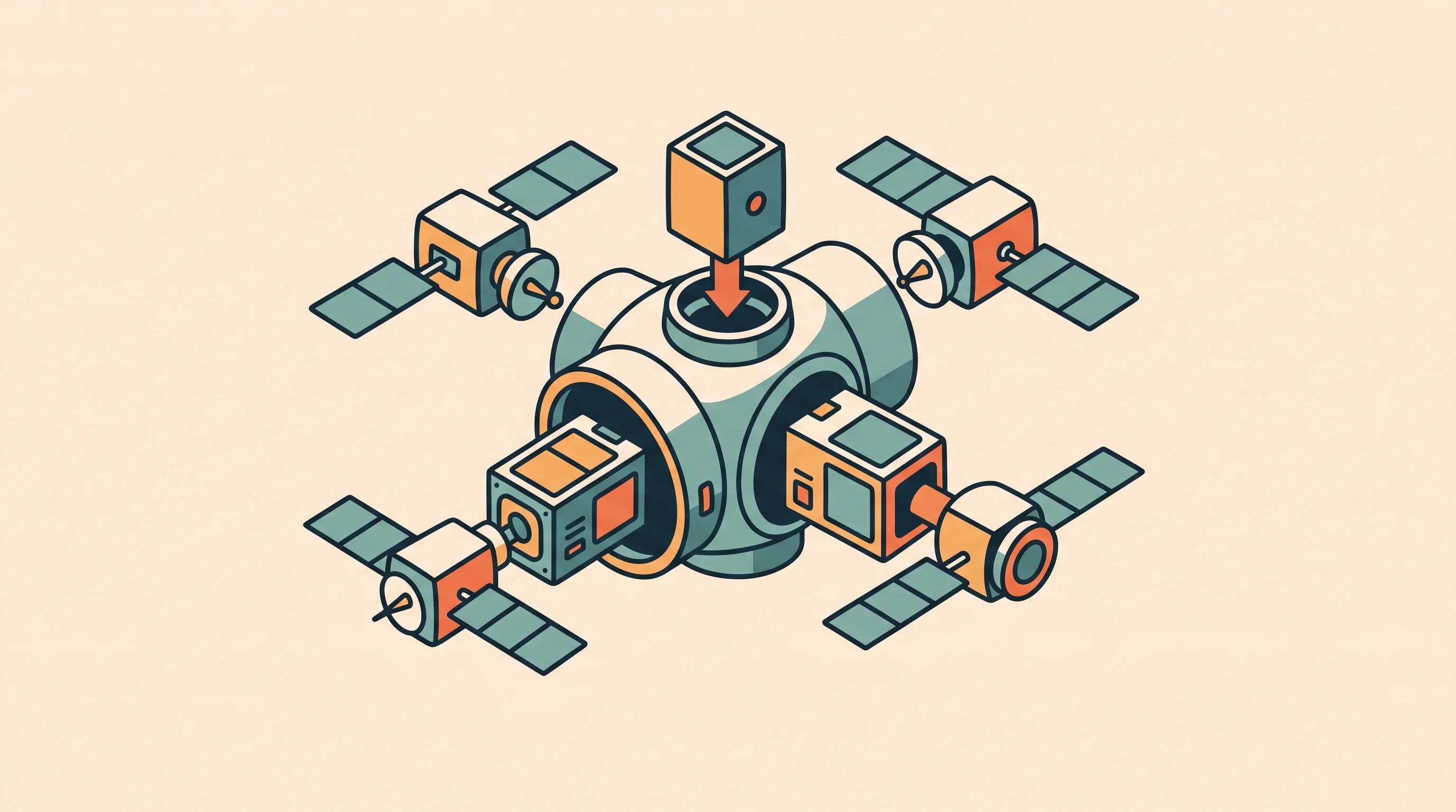 Digital illustration for article section "What Happens Next" in "Skyroot Makes History with India's First Private Orbital Rocket" - A clean, minimalist conceptual illustration of a sleek modular satellite rideshare adapter, featurin...