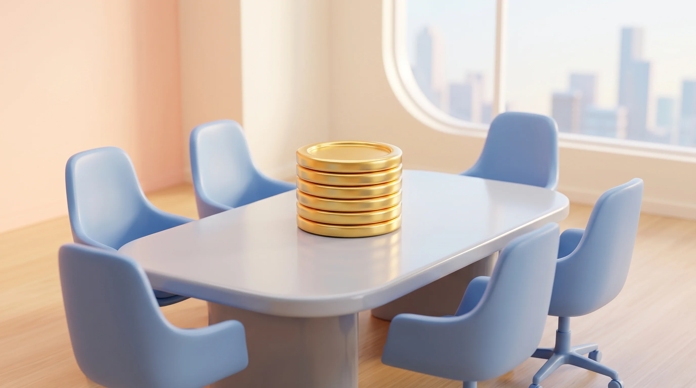 Digital illustration for article section "The Money and What It Signals" in "Section Raises $3.1M Seed to Upskill 1M Workers for AI Economy" - A conceptual, clean, and minimalist miniature model of a modern boardroom setting representing corpo...