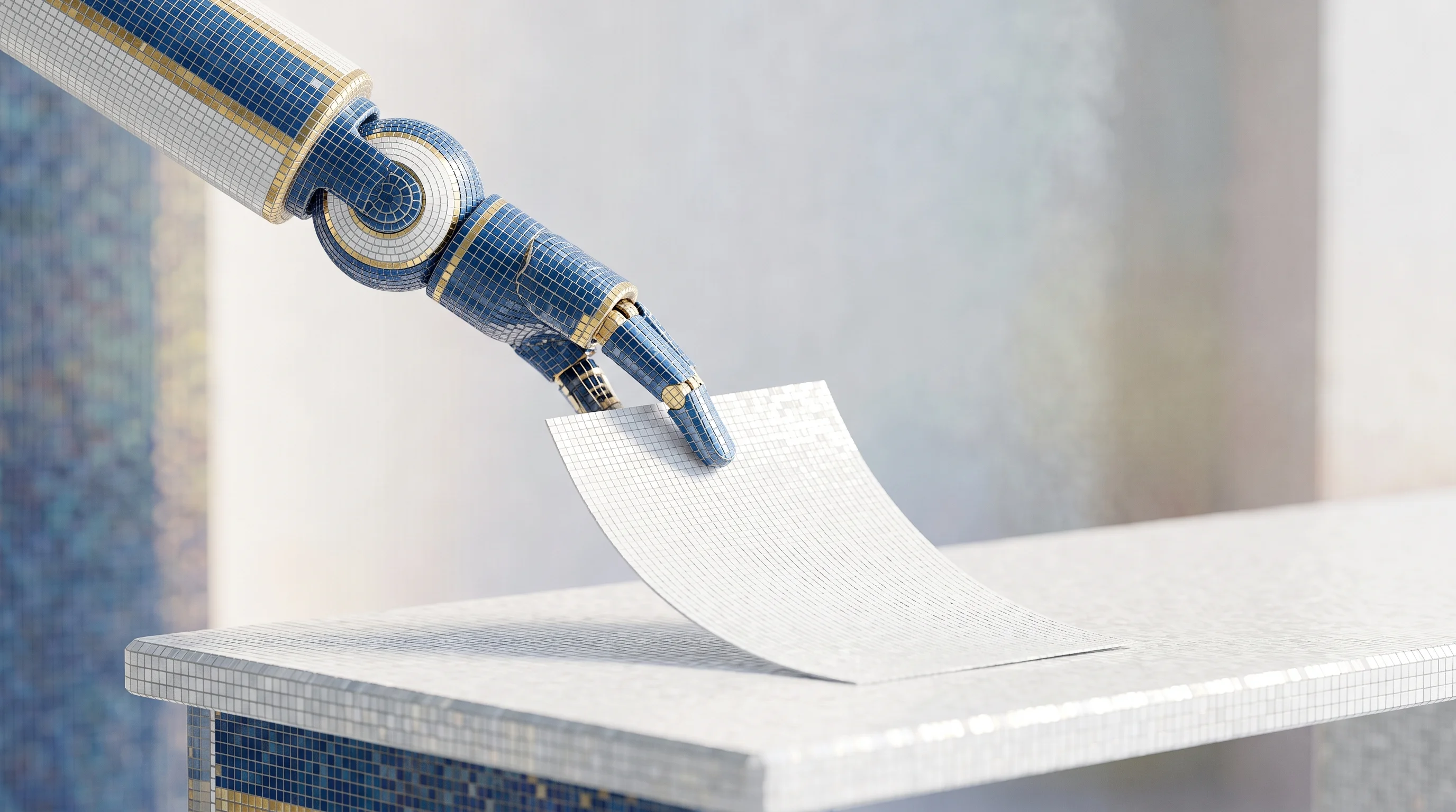 Digital illustration for article section "From academia to assembly" in "Nori Robotics Ships Sub-$1,500 Humanoid Robot for Home Tasks" - A sleek, minimalist robotic assembly arm gently placing a crisp academic manuscript onto a pristine ...