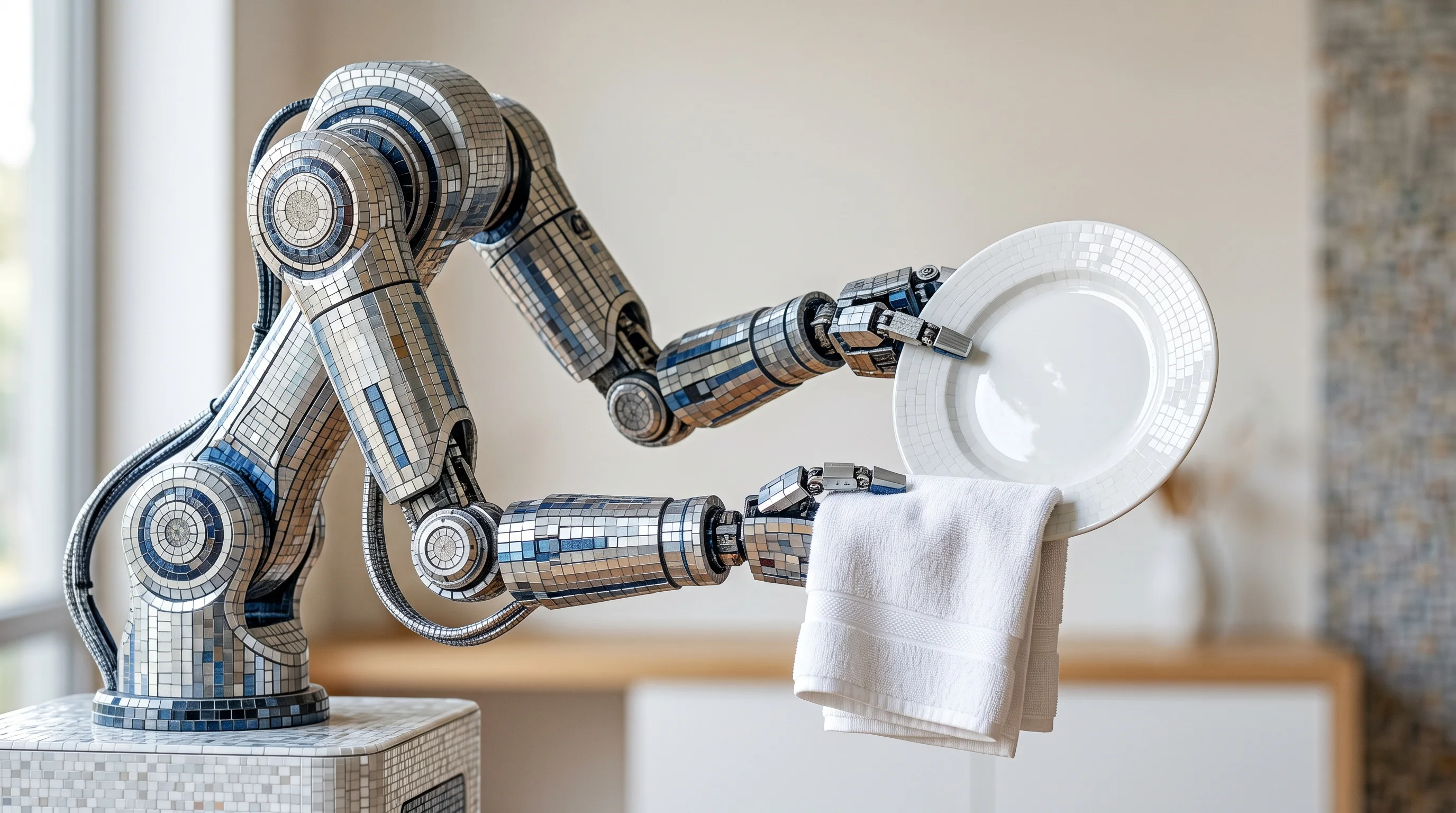 Digital illustration for article section "The beta-tester bargain" in "Nori Robotics Ships Sub-$1,500 Humanoid Robot for Home Tasks" - A clean, minimalist composition featuring a sleek, modern dual-arm robot gently holding a pristine c...