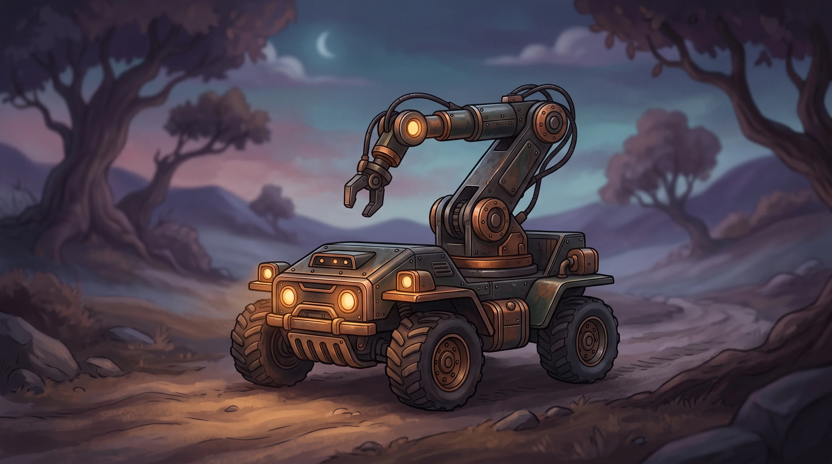 Digital illustration for article section "Cosmic and the Emerging Playbook" in "Cosmic Robotics Brings Autonomous Heavy-Lift Robots to Solar Farms" - A clean, minimal composition featuring a rugged autonomous off-road vehicle equipped with a heavy-du...