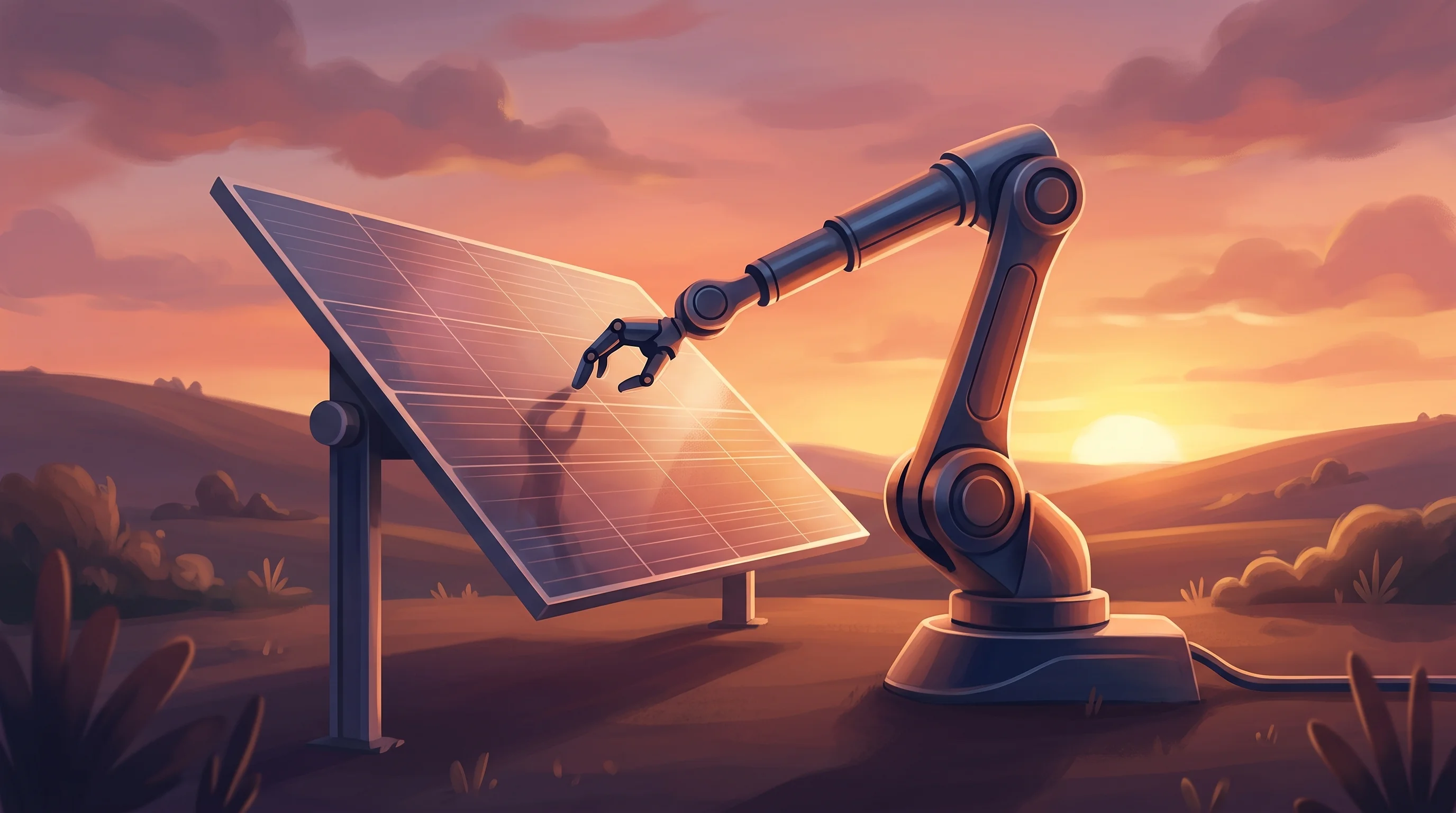 Digital illustration for article section "What Comes Next" in "Cosmic Robotics Brings Autonomous Heavy-Lift Robots to Solar Farms" - A conceptual and modern illustration of a sleek, automated robotic arm gently installing a large, gl...