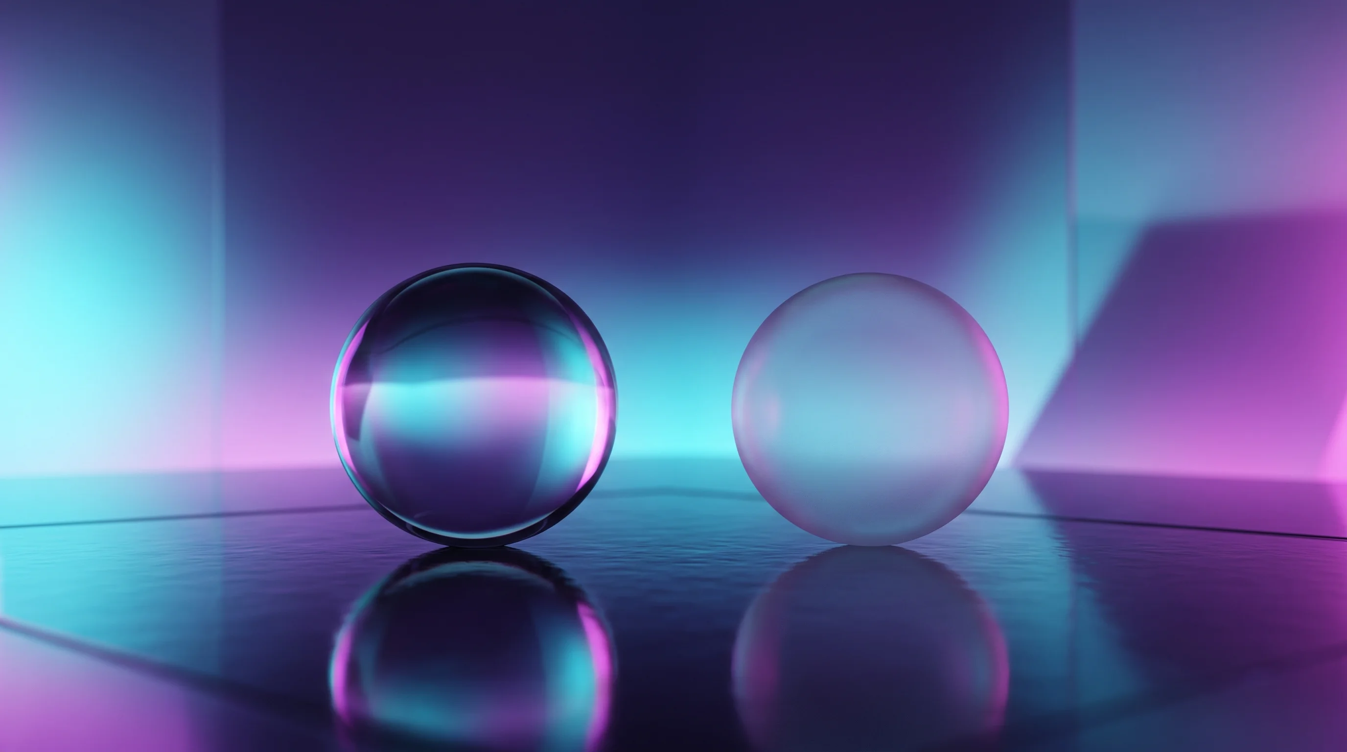 Digital illustration for article section "The Replication Question" in "Self-Improving AI Scientists Slash Research Costs by 10,000x" - A minimalist, conceptual composition featuring two perfectly smooth geometric glass spheres resting ...
