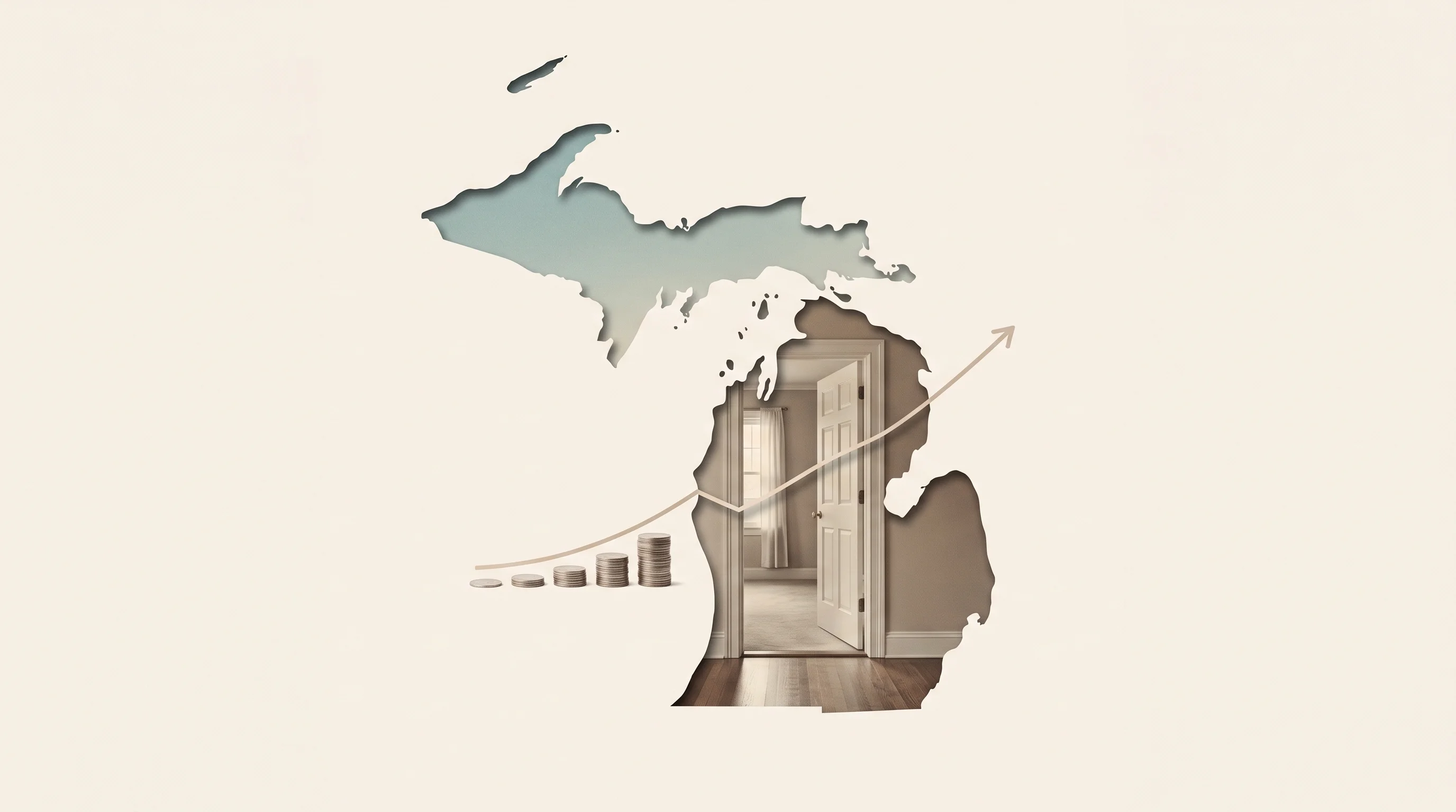 Digital illustration for article section "Why Michigan, why now" in "YC-Backed Cova Launches AI-Native Home Care Agency in Michigan" - A clean, minimalist surreal digital collage representing Michigan's Home Help program and rising car...