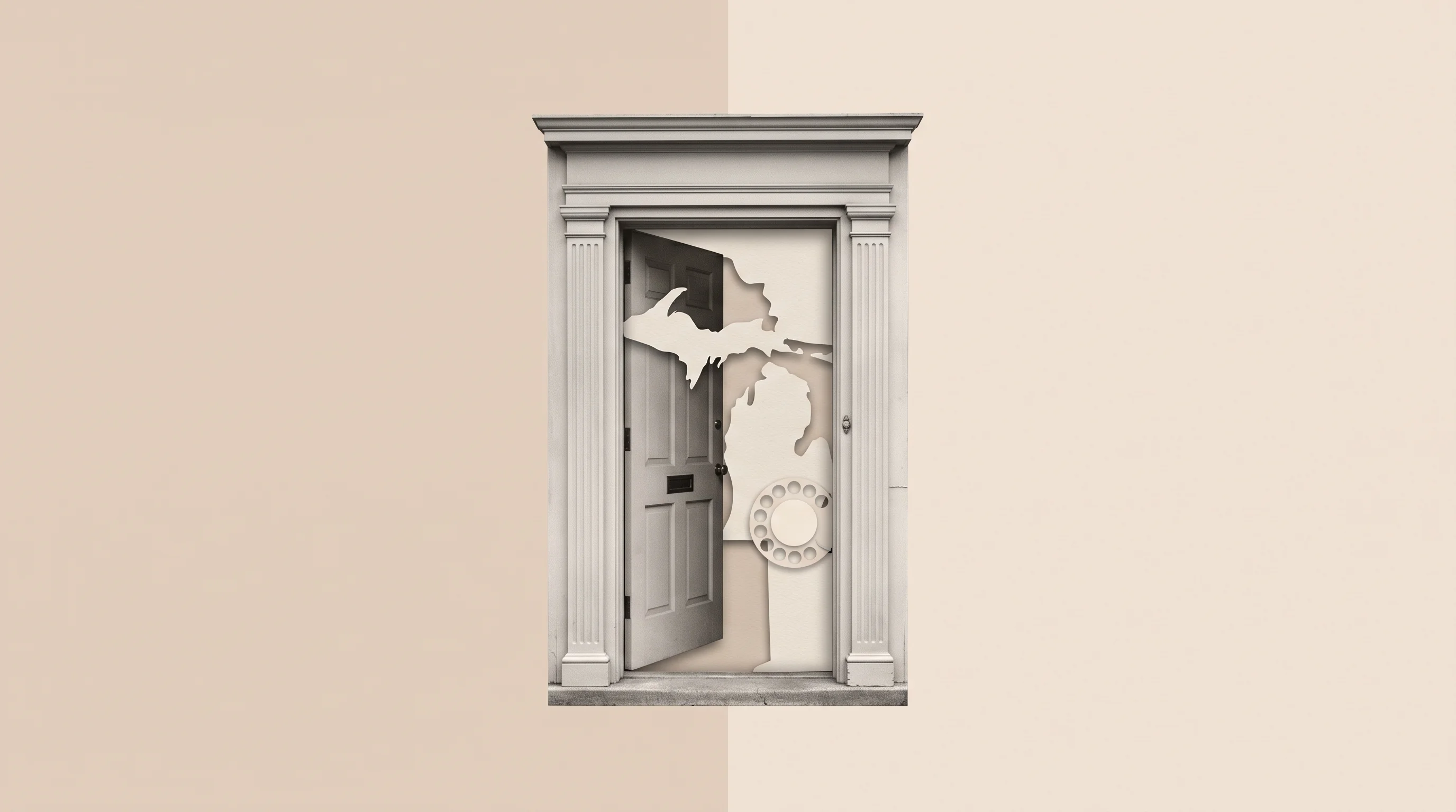 Digital illustration for article section "The harder test ahead" in "YC-Backed Cova Launches AI-Native Home Care Agency in Michigan" - A minimalist surreal digital collage featuring a single, vintage photograph of a classic Detroit-sty...