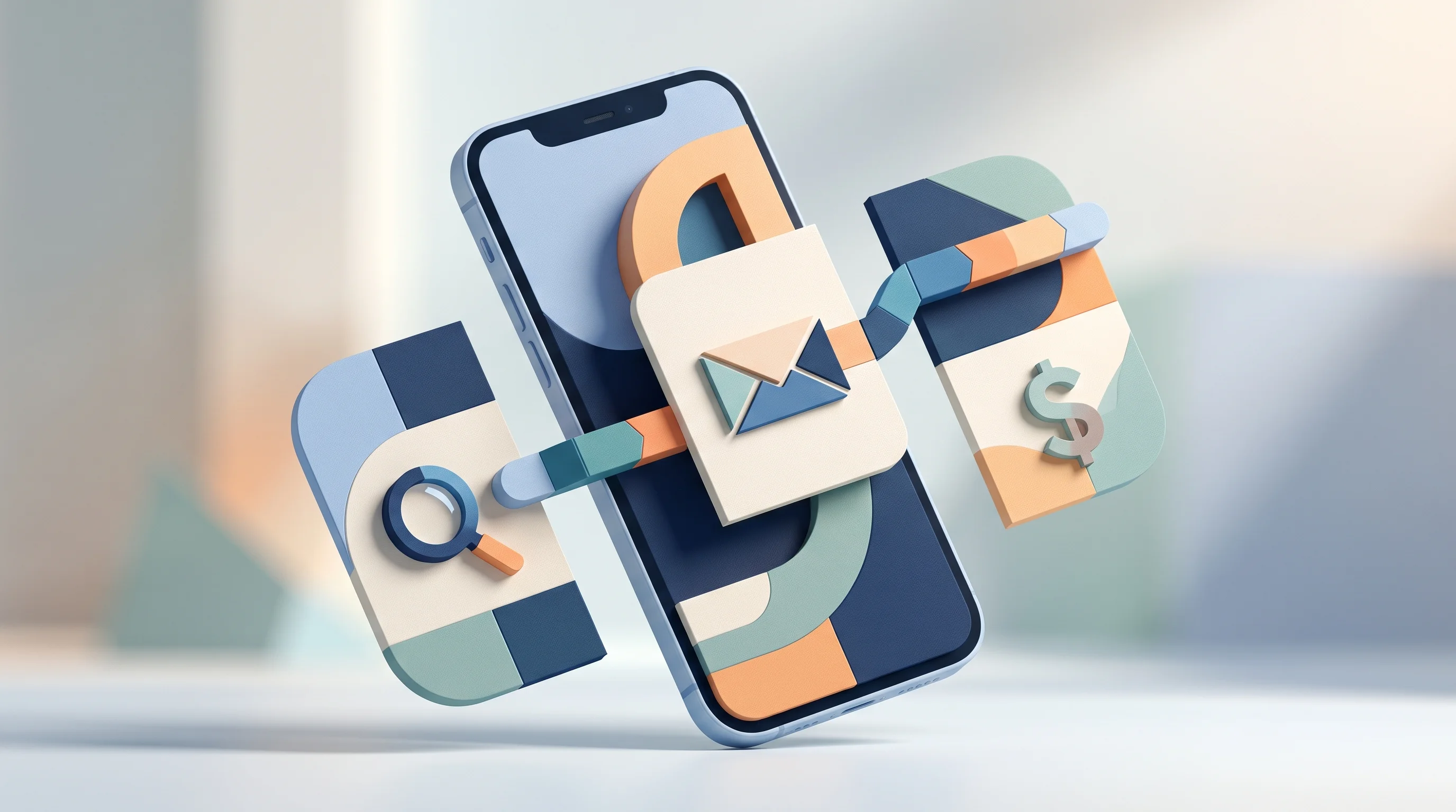Digital illustration for article section "Inside the Feature Set" in "Tsenta Launches AI Job Bot Across 8 Platforms, from iMessage to Chrome" - A clean, modern, and minimalist conceptual image representing a comprehensive digital job tracking f...