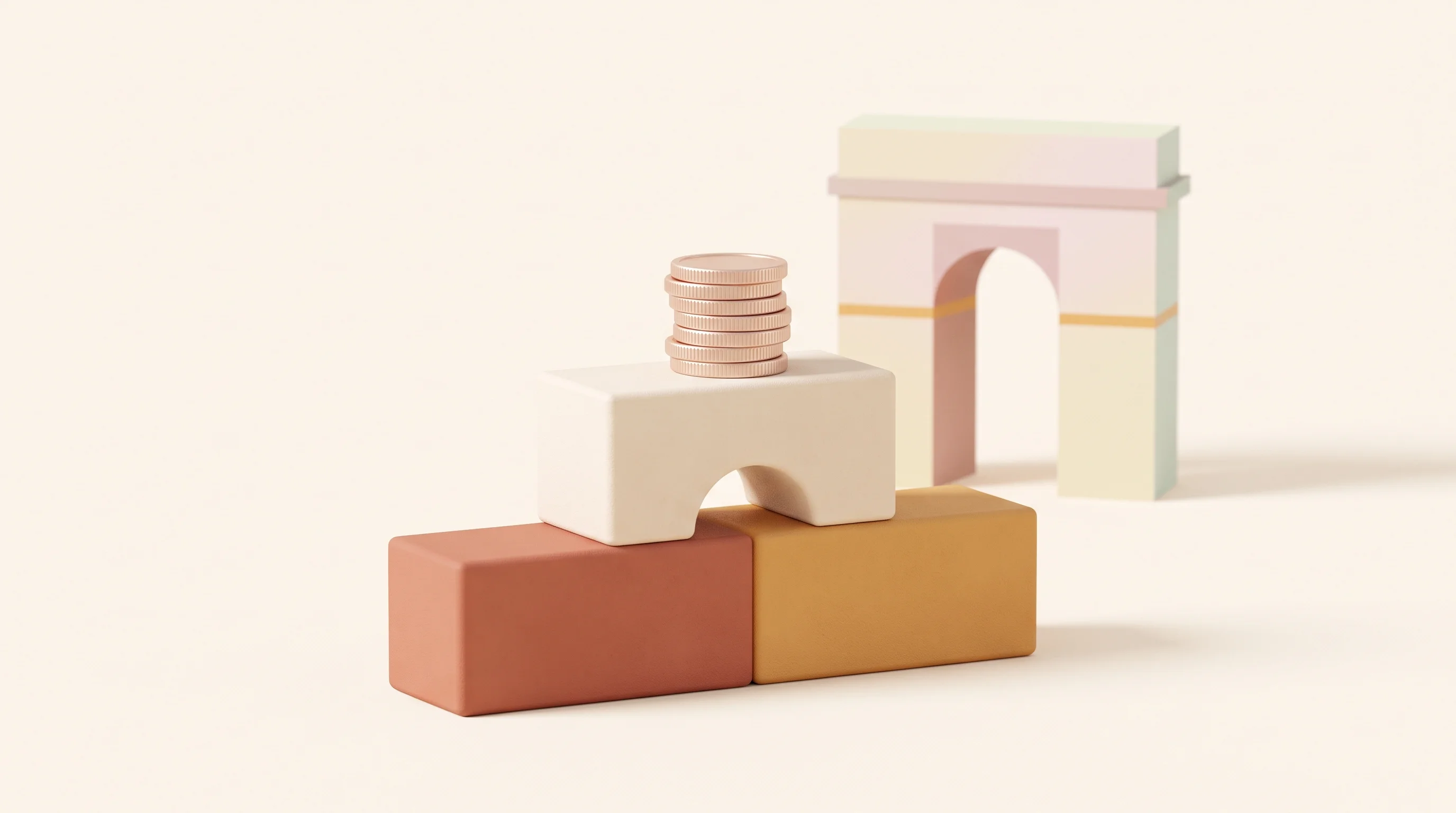 Digital illustration for article section "Where the Money Goes" in "NeoCem Secures €17M to Scale Cement Decarbonization Technology" - A minimalist, conceptual illustration of interlocking, smooth architectural building blocks seamless...