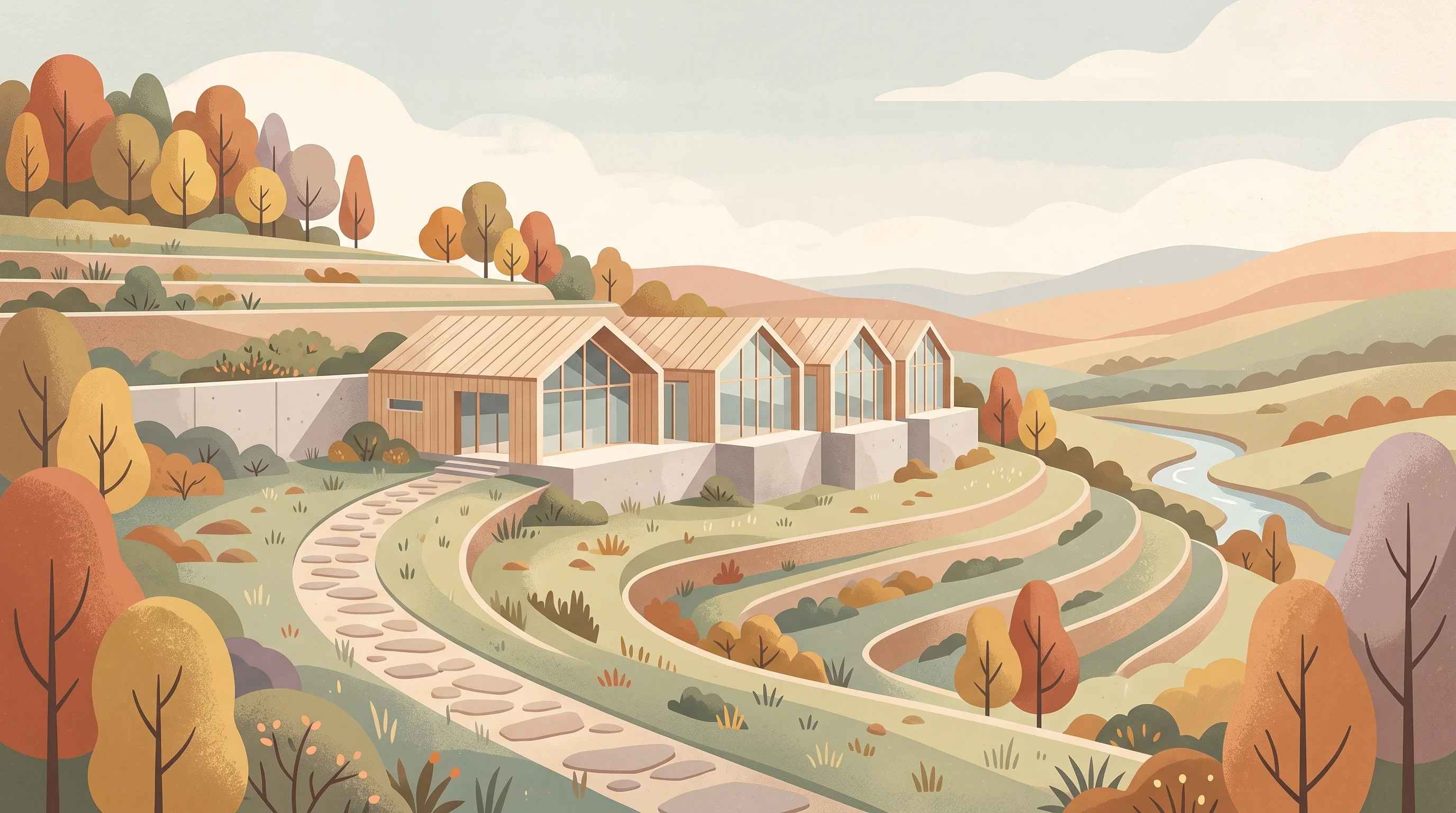 Digital illustration for article section "Building the Next Chapter" in "NeoCem Secures €17M to Scale Cement Decarbonization Technology" - A conceptual and minimalist illustration representing the scaling of localized manufacturing capacit...