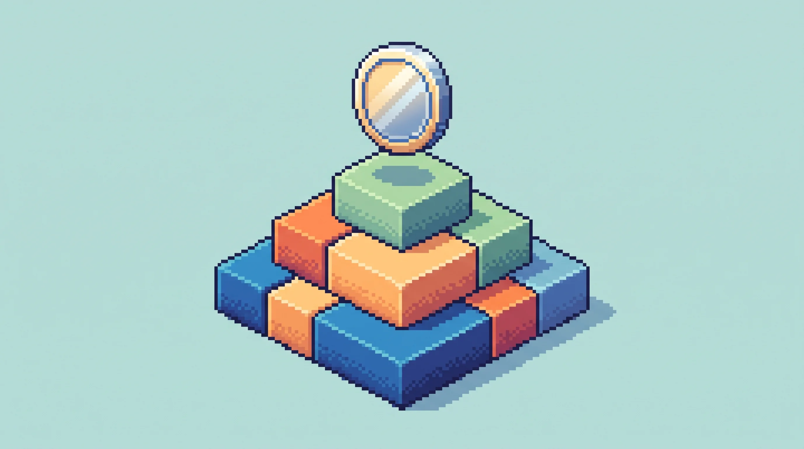Digital illustration for article section "The Founder Who Lived It First" in "Cyclops Raises $20M to Build Stablecoin Rails for Payment Giants" - A clean and minimalist conceptual illustration of a sturdy, tiered foundation made of stacked buildi...